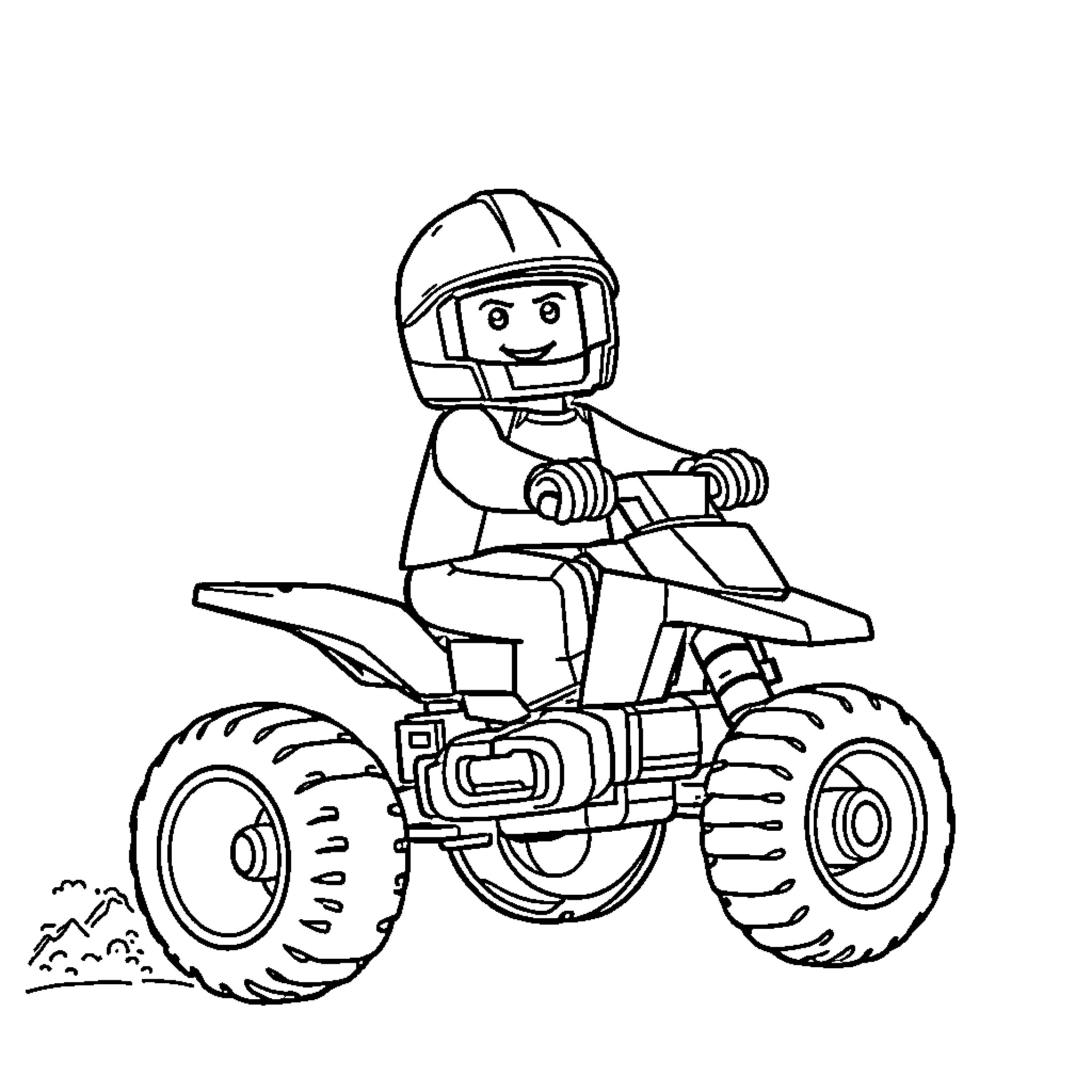 Lego Guy riding on an ATV vehicle Coloring Page (free black-and-white line drawing printable PDF for all, from beginners to advanced learners, including children, teens, adults, and seniors)