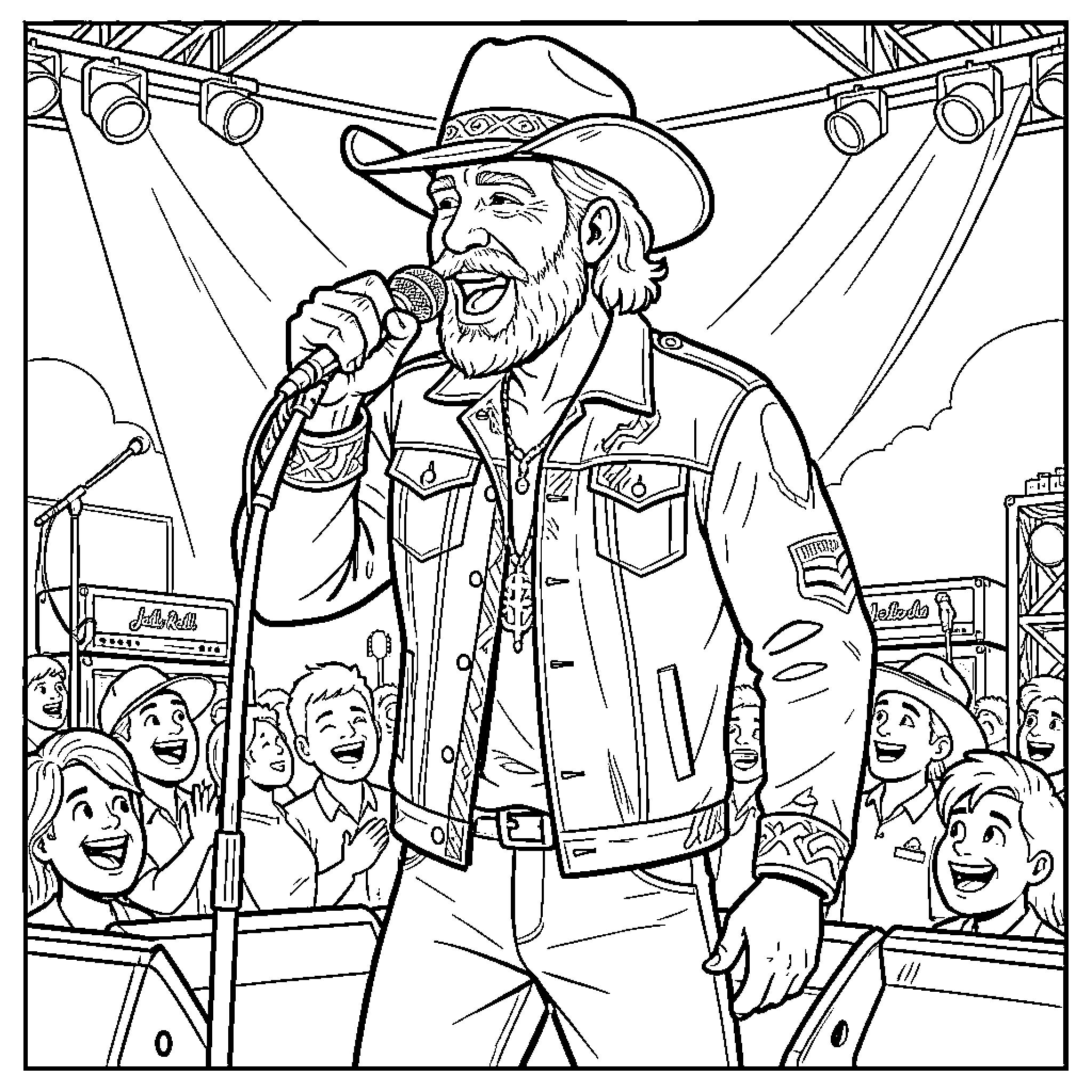 Jelly Roll singing passionately into a microphone on stage Coloring Page (free black-and-white line drawing printable PDF for all, from beginners to advanced learners, including children, teens, adults, and seniors)