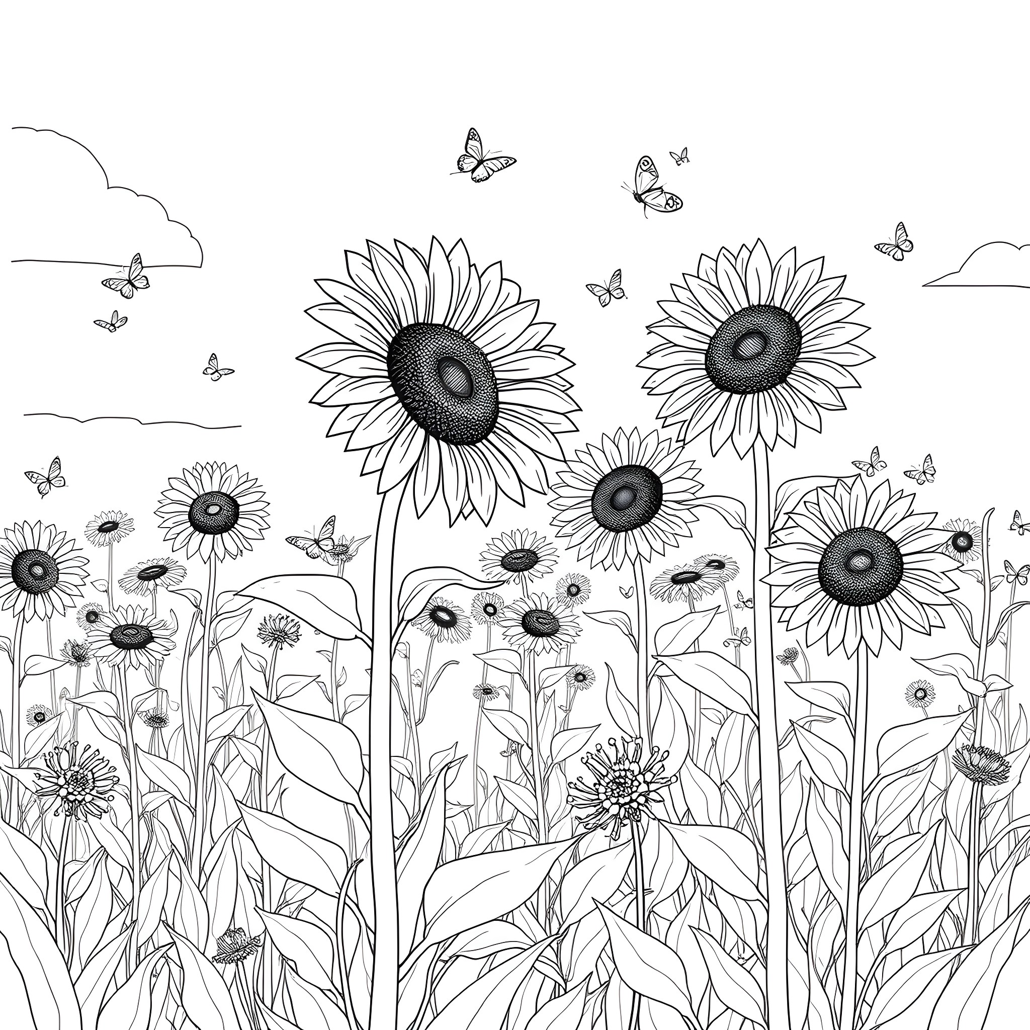 Sunflower field with butterflies and clouds Coloring Page (free black-and-white line drawing printable PDF for all, from beginners to advanced learners, including children, teens, adults, and seniors)