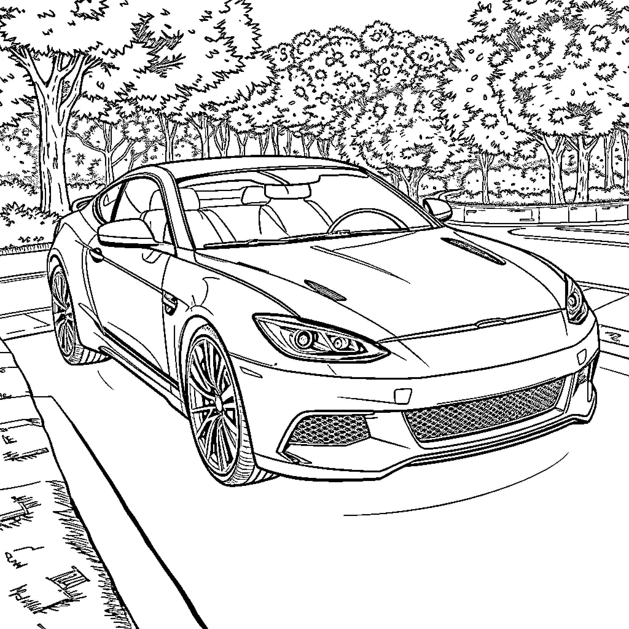 Car driving through scenic countryside Coloring Page (free black-and-white line drawing printable PDF for all, from beginners to advanced learners, including children, teens, adults, and seniors)
