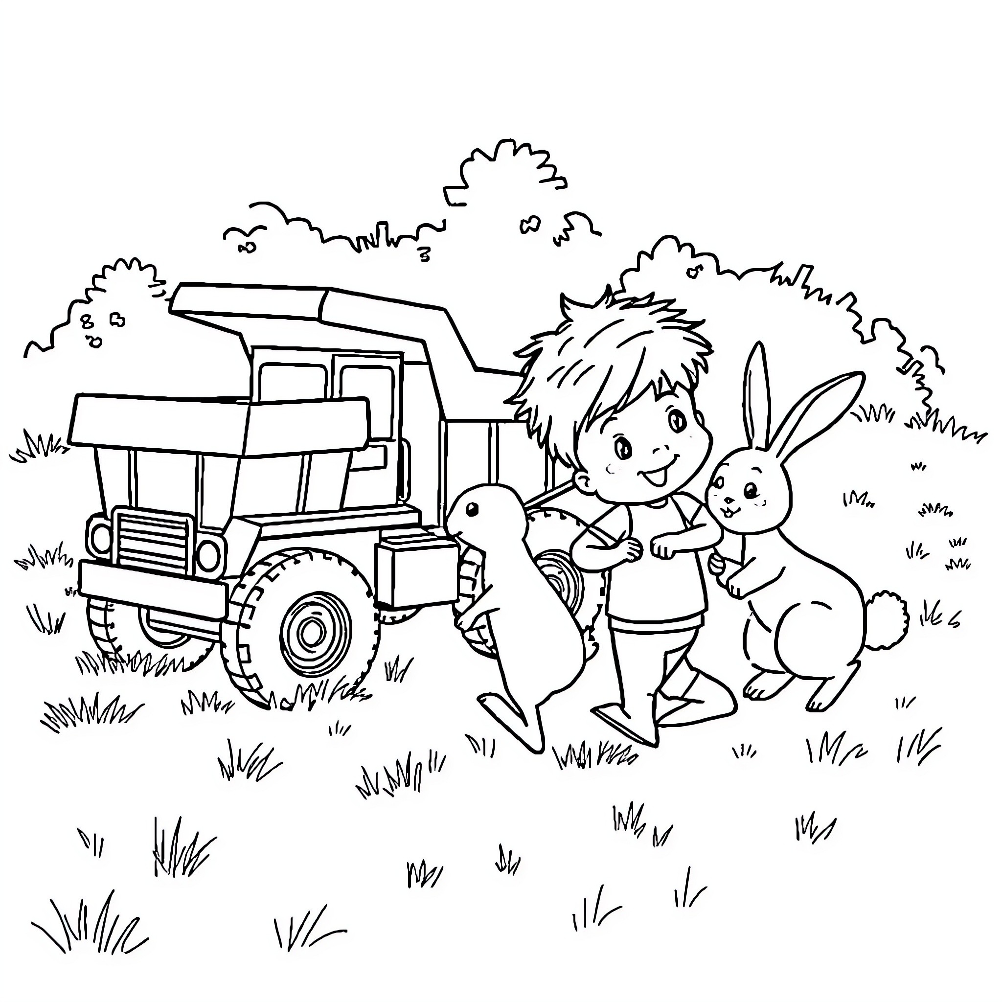 Rabbit playing with child on a farm truck Coloring Page (free black-and-white line drawing printable PDF for all, from beginners to advanced learners, including children, teens, adults, and seniors)