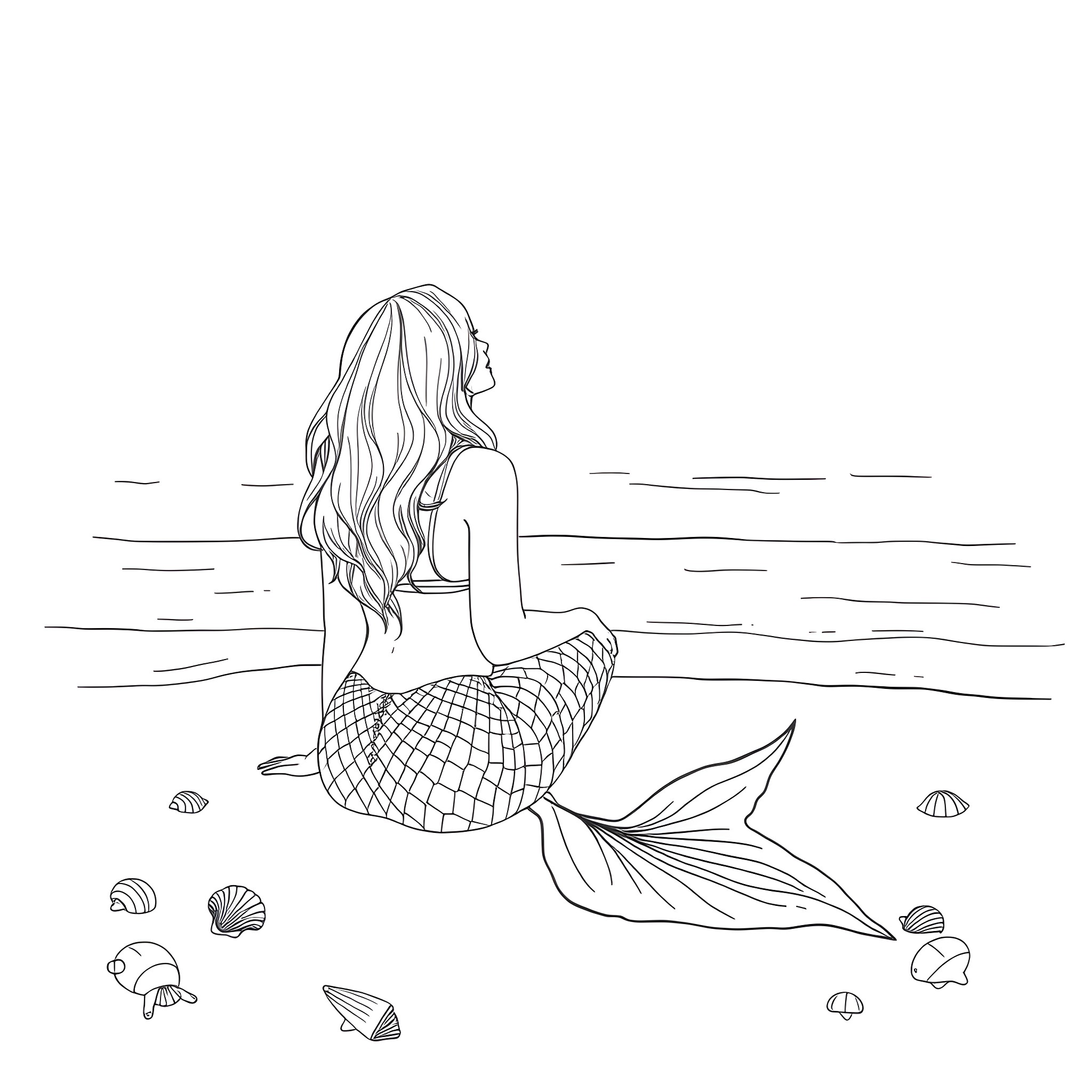 Mermaid sitting peacefully by the sea Coloring Page (free black-and-white line drawing printable PDF for all, from beginners to advanced learners, including children, teens, adults, and seniors)