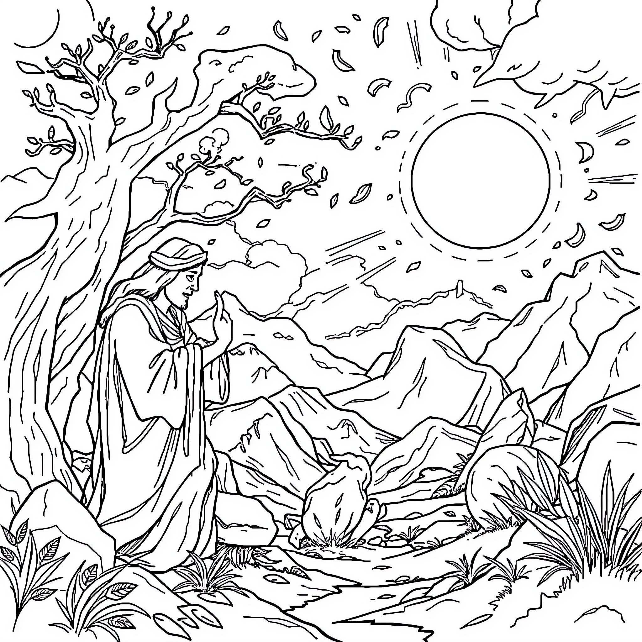 Genesis of a Peaceful Retreat in Nature Coloring Page (free black-and-white line drawing printable PDF for all, from beginners to advanced learners, including children, teens, adults, and seniors)