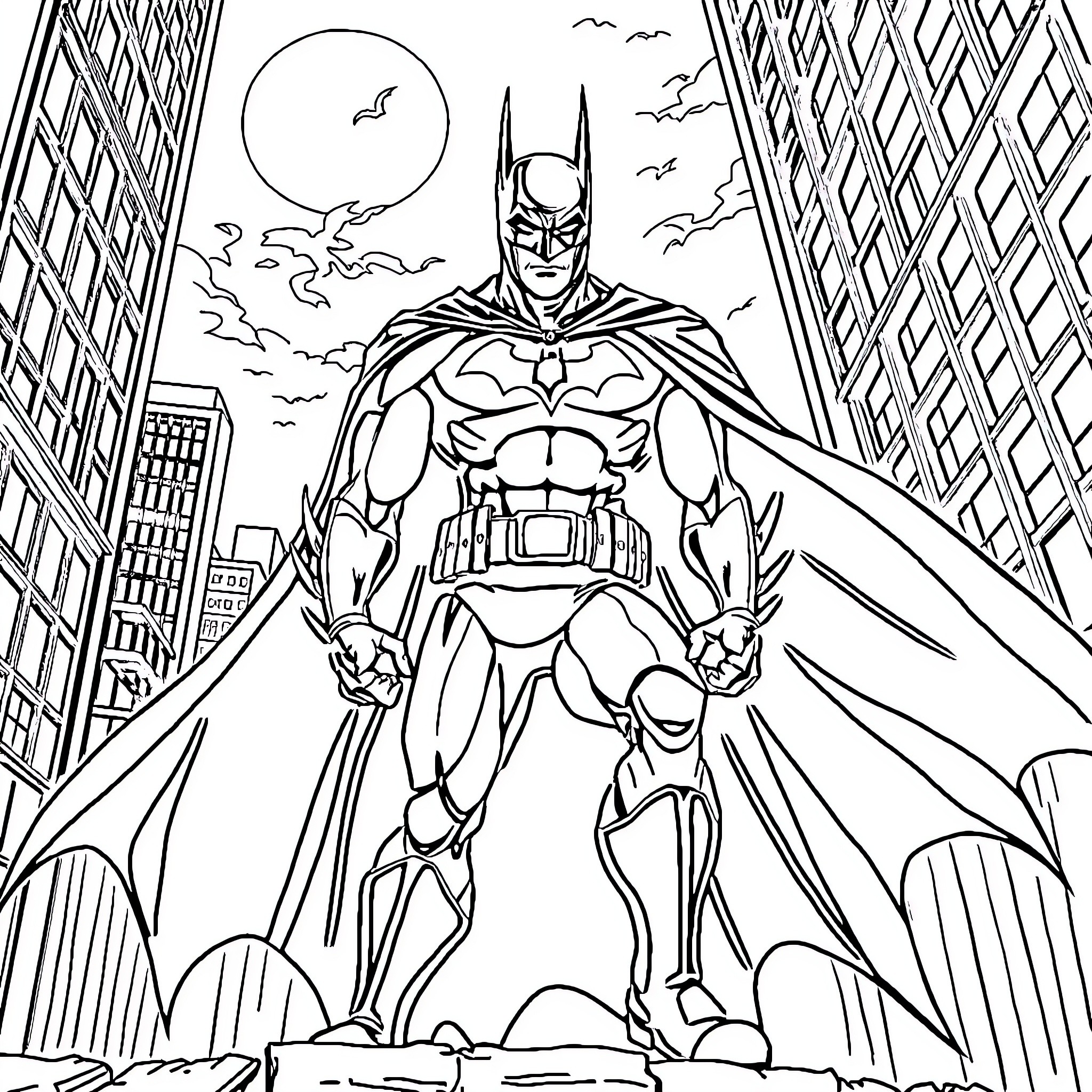 Batman standing tall in the city at night Coloring Page (free black-and-white line drawing printable PDF for all, from beginners to advanced learners, including children, teens, adults, and seniors)