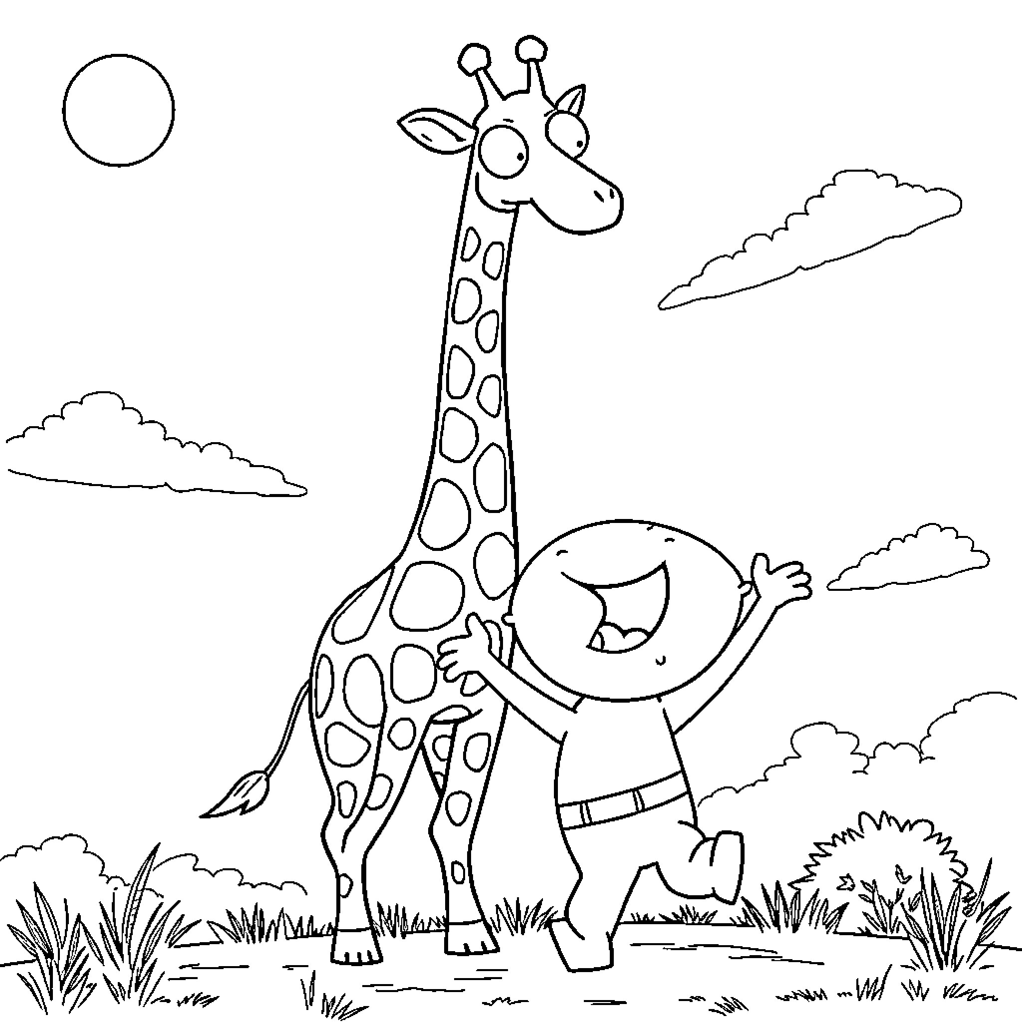 Stewie Griffin interacts with a friendly giraffe in nature Coloring Page (free black-and-white line drawing printable PDF for all, from beginners to advanced learners, including children, teens, adults, and seniors)