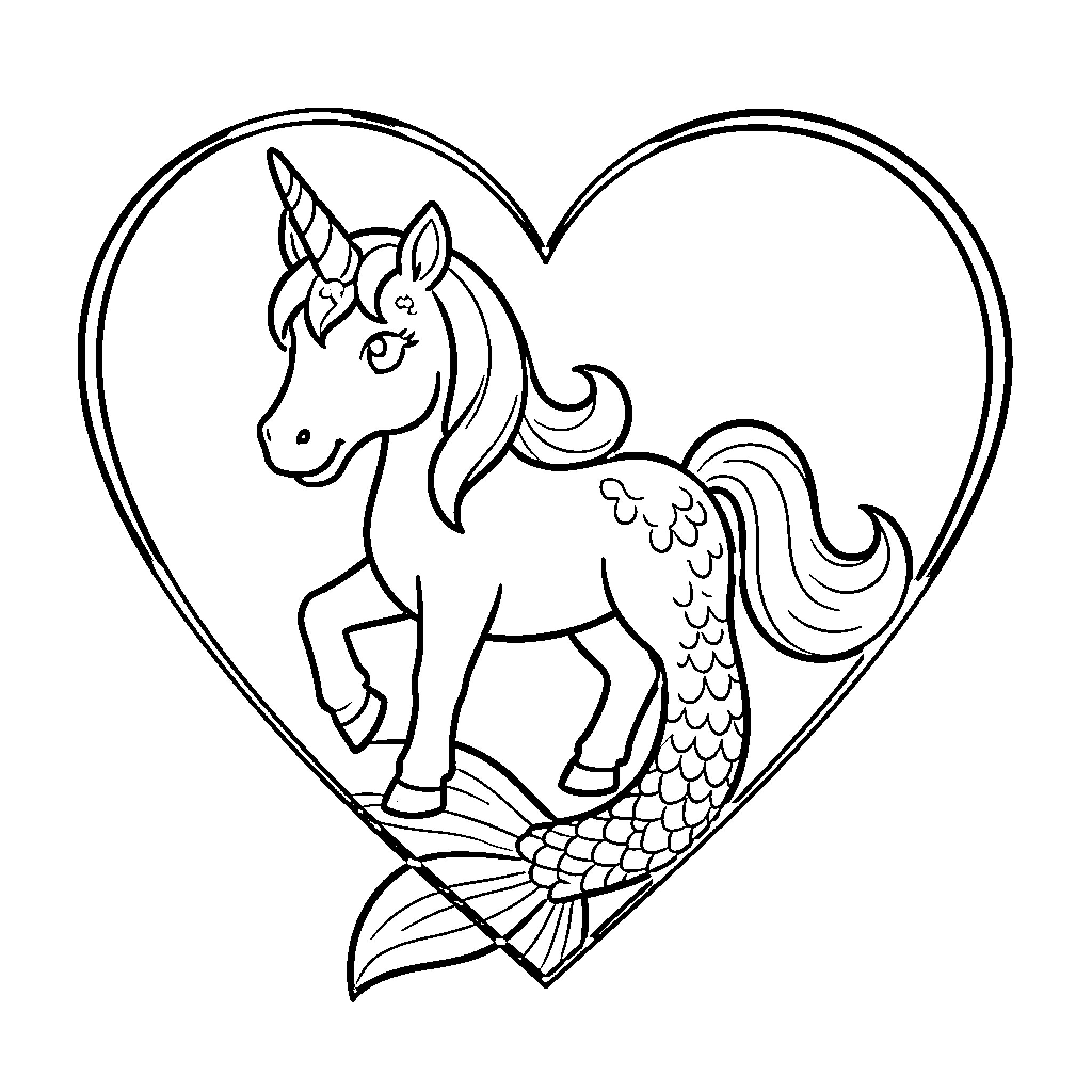 Unicorn Fish swimming in a heart-shaped frame Coloring Page (free black-and-white line drawing printable PDF for all, from beginners to advanced learners, including children, teens, adults, and seniors)
