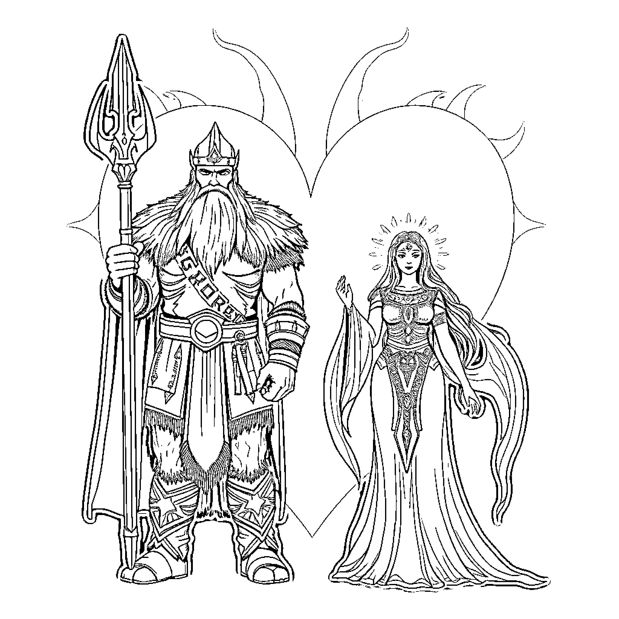 Viking warrior and goddess in fantasy attire Coloring Page (free black-and-white line drawing printable PDF for all, from beginners to advanced learners, including children, teens, adults, and seniors)