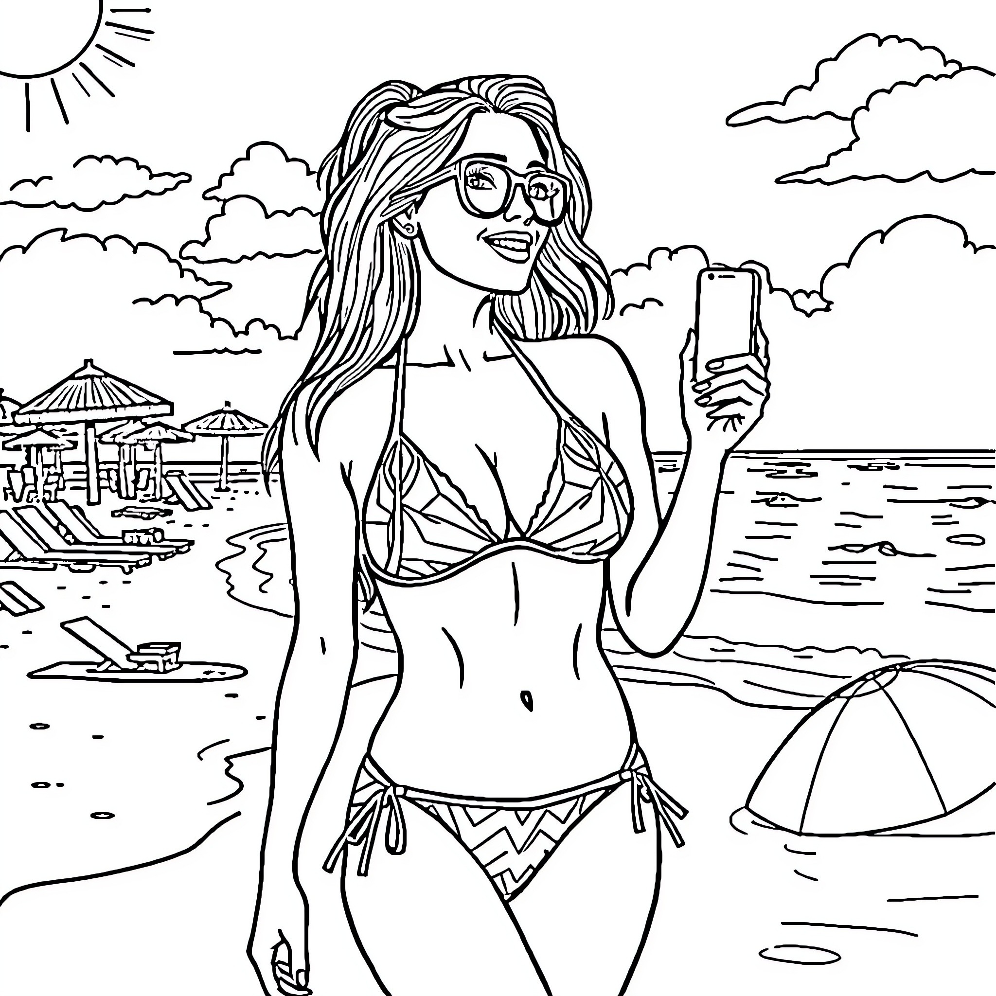 Charli D'Amelio takes a selfie on the beach Coloring Page (free black-and-white line drawing printable PDF for all, from beginners to advanced learners, including children, teens, adults, and seniors)