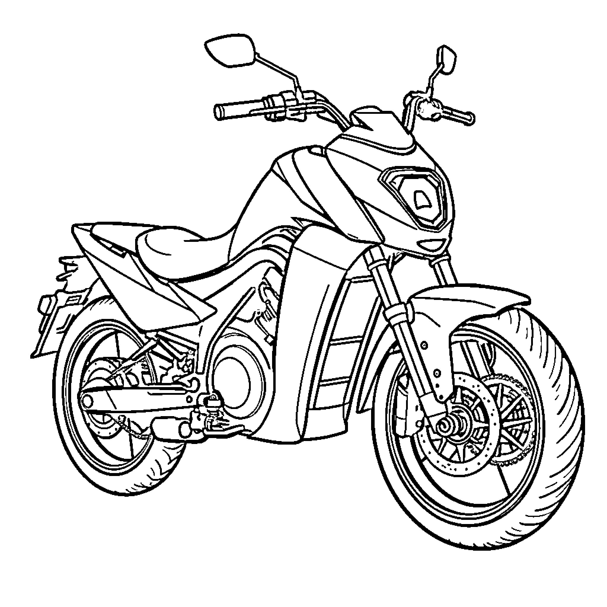 Ebike with sporty design and modern features Coloring Page (free black-and-white line drawing printable PDF for all, from beginners to advanced learners, including children, teens, adults, and seniors)