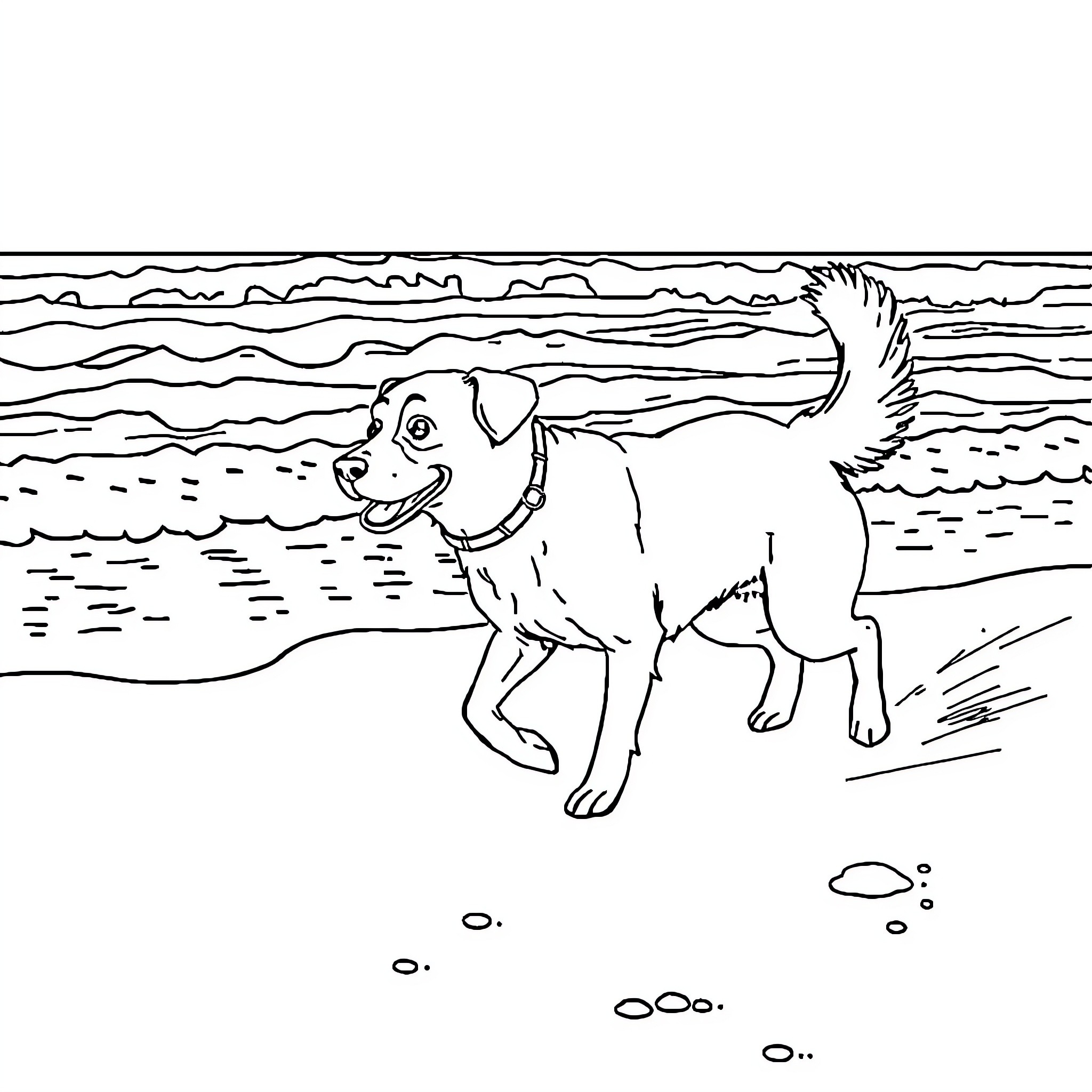 Dog playing joyfully on the beach Coloring Page (free black-and-white line drawing printable PDF for all, from beginners to advanced learners, including children, teens, adults, and seniors)
