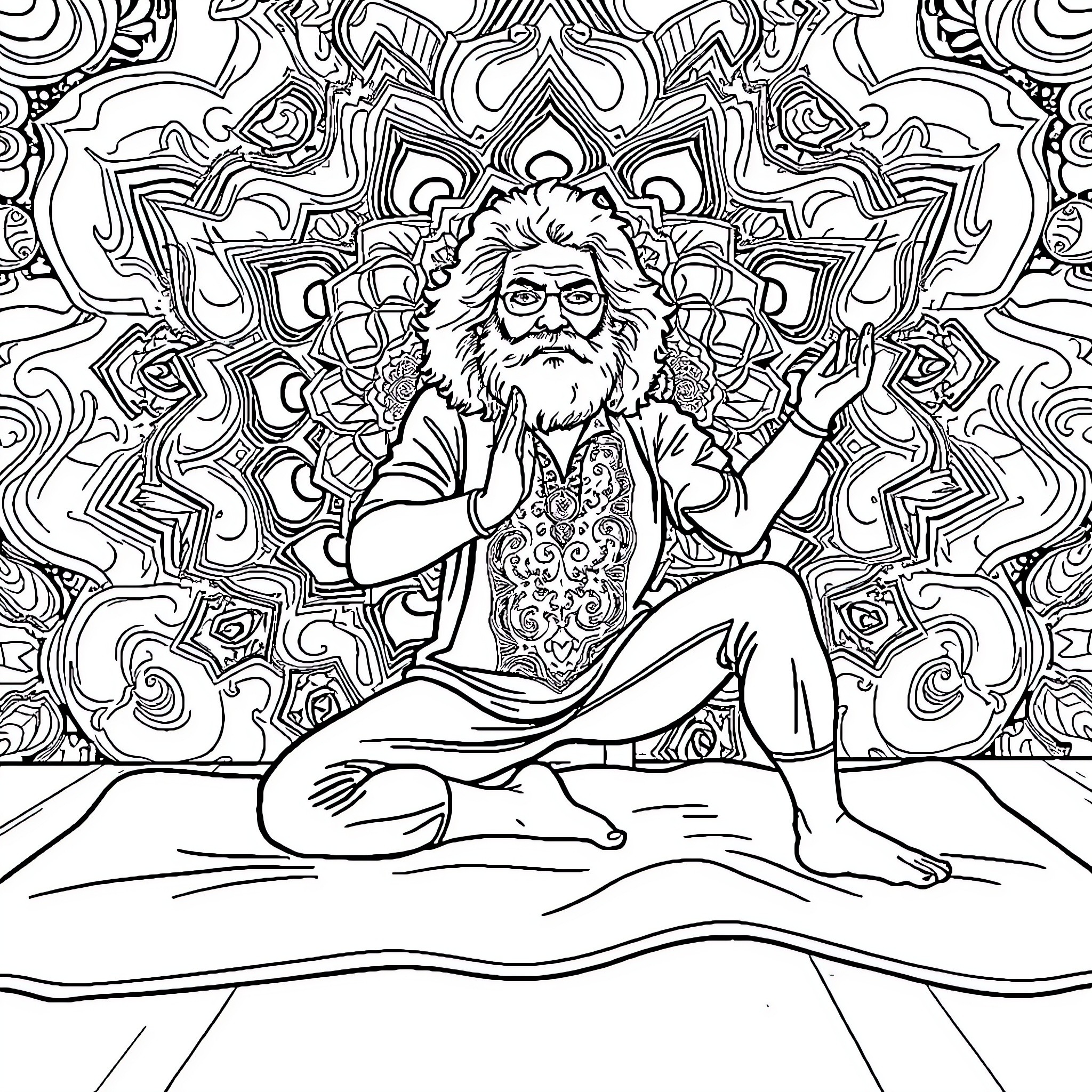 Jerry Garcia in Meditative Psychedelic Pose Coloring Page (free black-and-white line drawing printable PDF for all, from beginners to advanced learners, including children, teens, adults, and seniors)