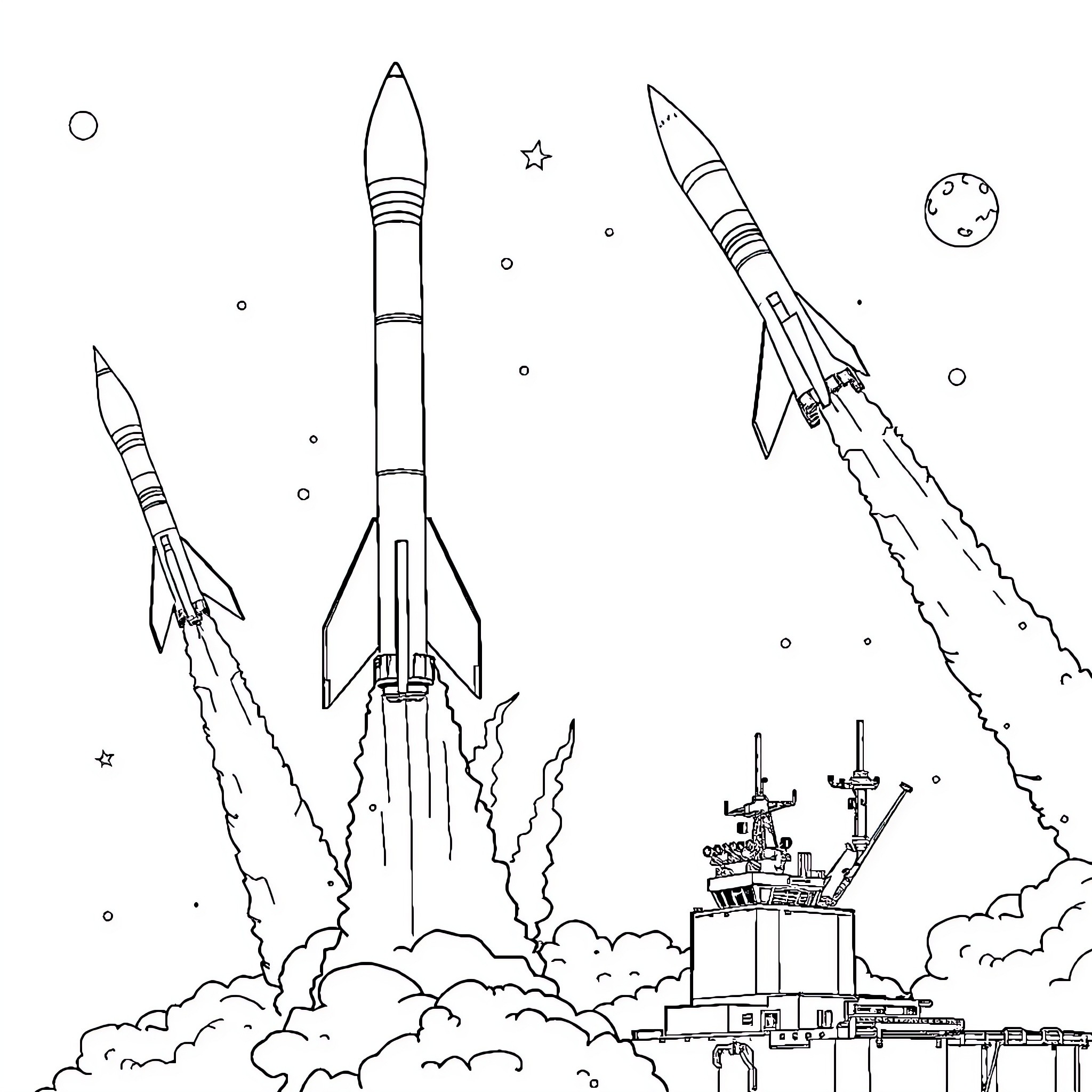 Rocket Launches Soaring into the Cosmic Expanse Coloring Page (free black-and-white line drawing printable PDF for all, from beginners to advanced learners, including children, teens, adults, and seniors)