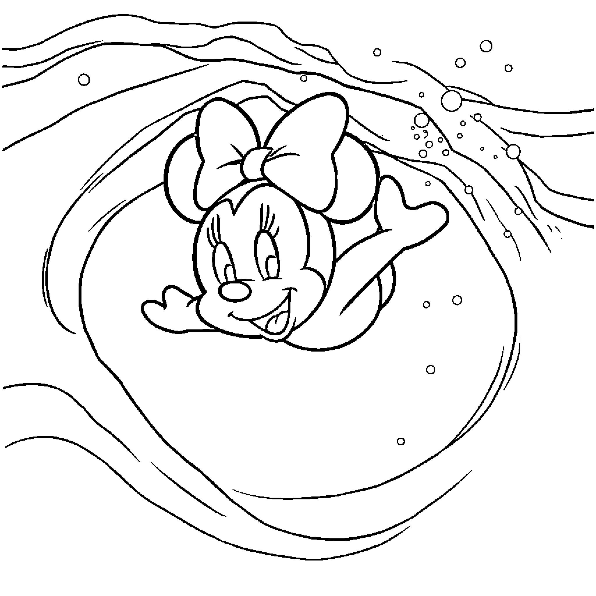 Minnie enjoying a bubbly swim Coloring Page (free black-and-white line drawing printable PDF for all, from beginners to advanced learners, including children, teens, adults, and seniors)