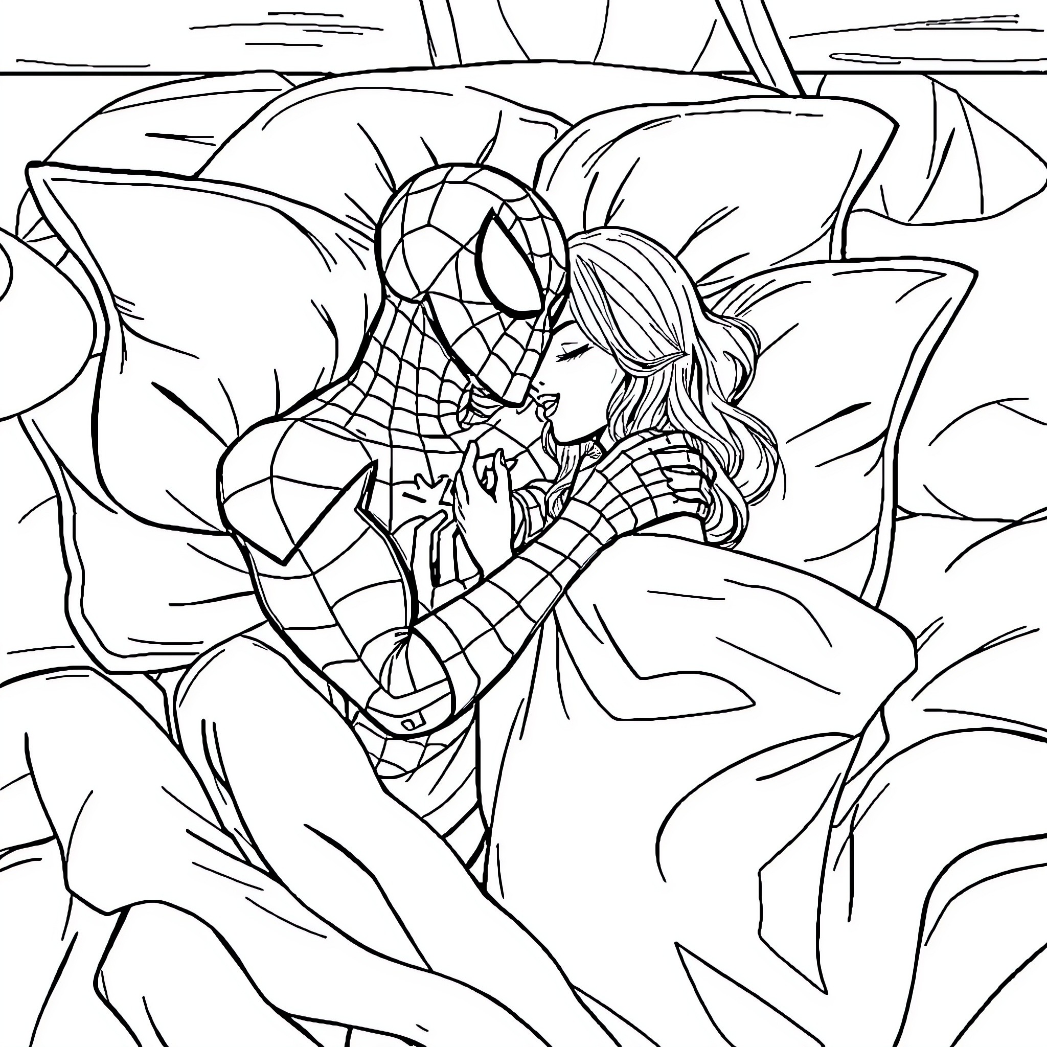 Spiderman interacting with woman in city scene Coloring Page (free black-and-white line drawing printable PDF for all, from beginners to advanced learners, including children, teens, adults, and seniors)