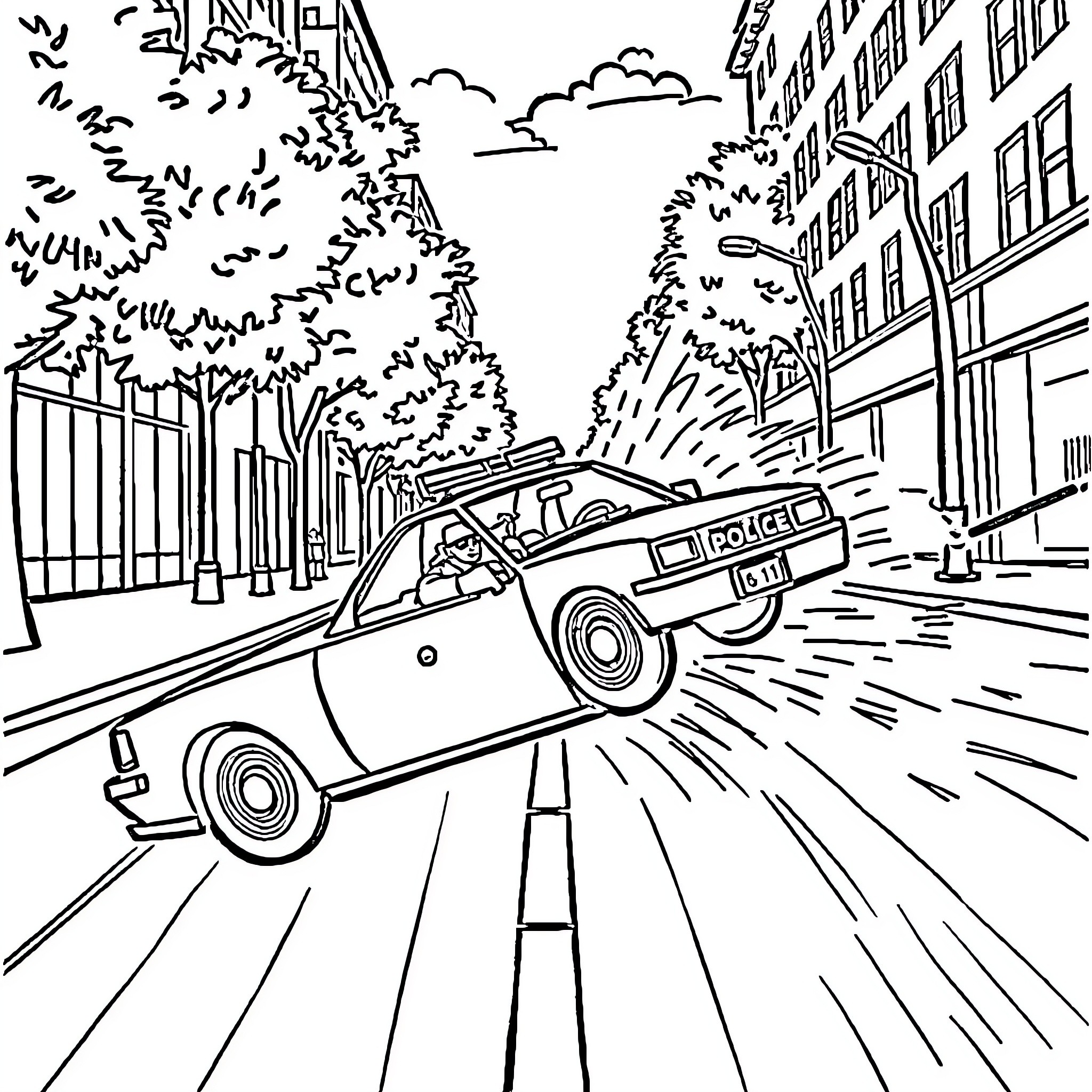 Police Car Rushing Down Urban Street Coloring Page (free black-and-white line drawing printable PDF for all, from beginners to advanced learners, including children, teens, adults, and seniors)