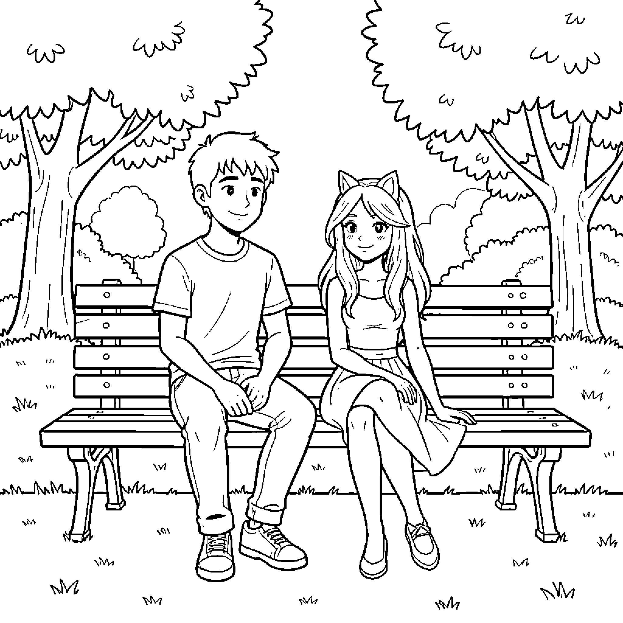 Jaxson and friend enjoying a park bench Coloring Page (free black-and-white line drawing printable PDF for all, from beginners to advanced learners, including children, teens, adults, and seniors)