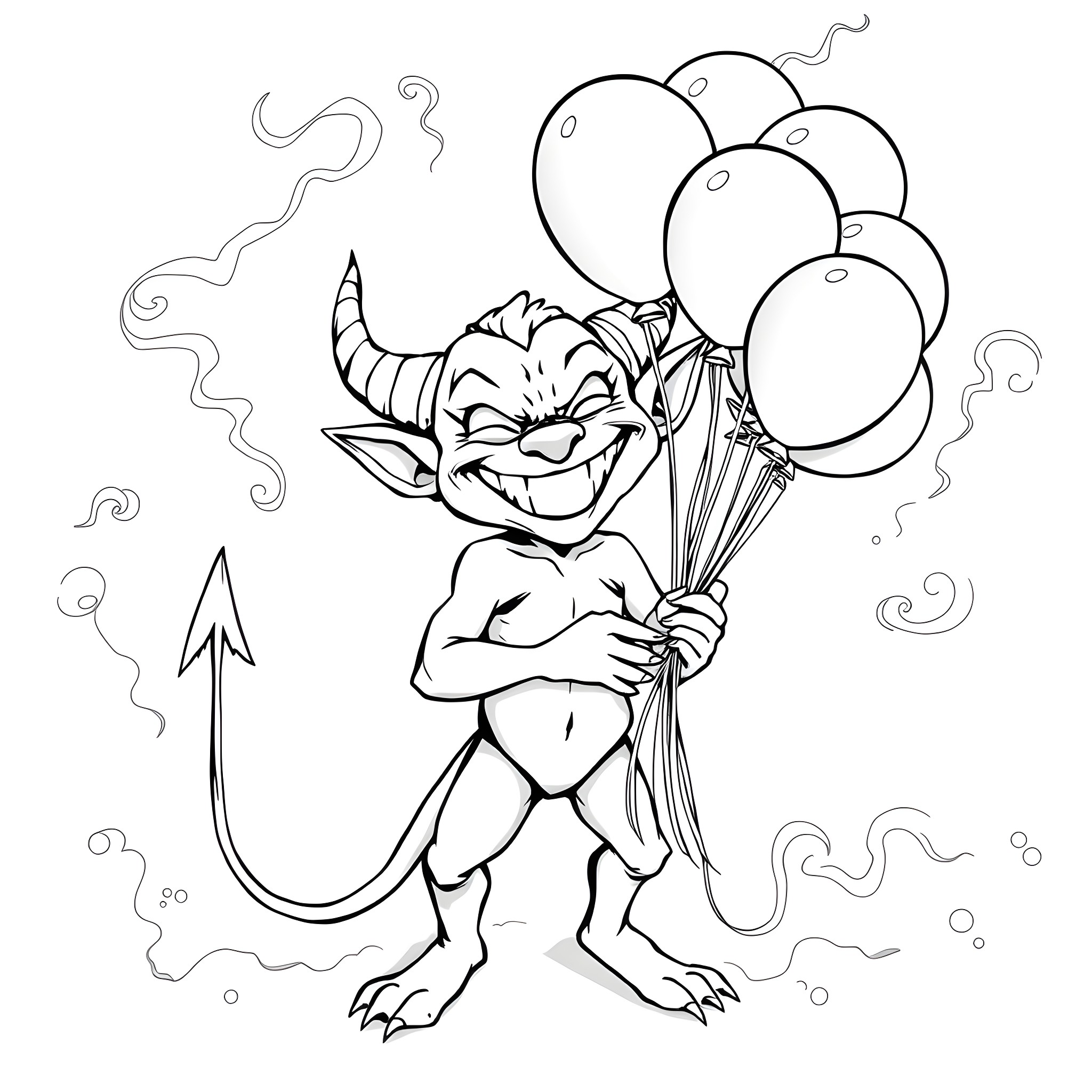 Devil's Mischievous Balloons Coloring Page (free black-and-white line drawing printable PDF for all, from beginners to advanced learners, including children, teens, adults, and seniors)