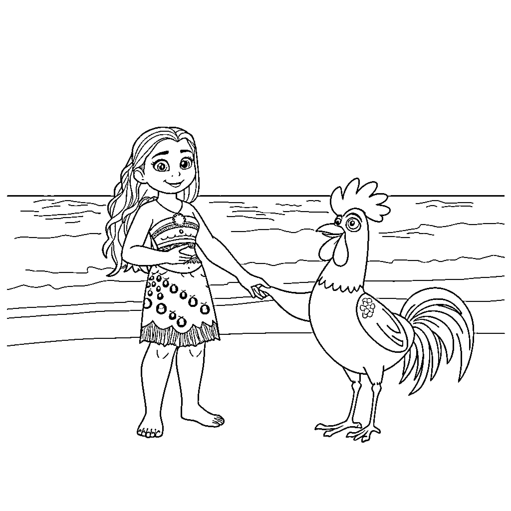 Moana exploring the ocean with a rooster Coloring Page (free black-and-white line drawing printable PDF for all, from beginners to advanced learners, including children, teens, adults, and seniors)