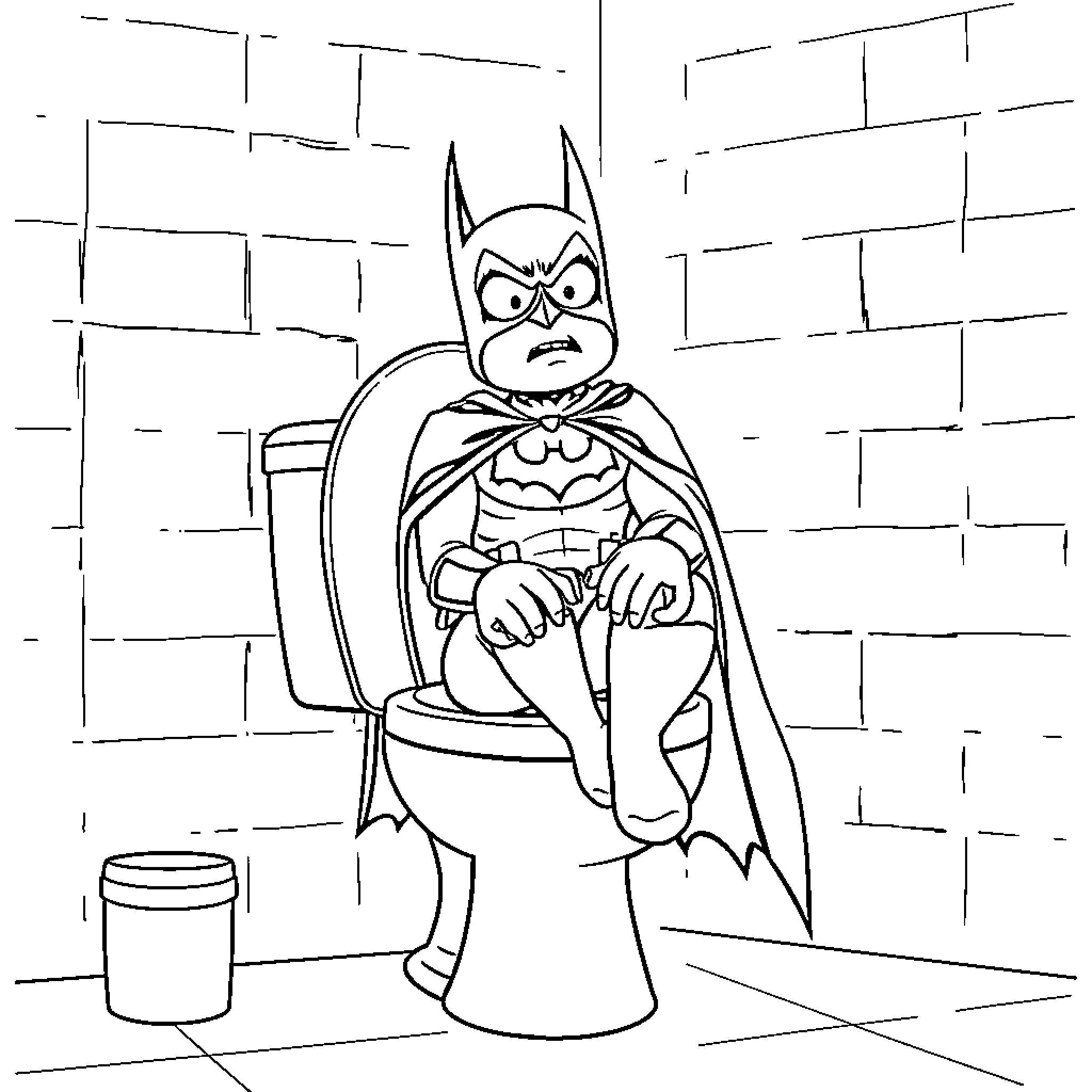 Batman sitting on a toilet with a serious expression Coloring Page (free black-and-white line drawing printable PDF for all, from beginners to advanced learners, including children, teens, adults, and seniors)