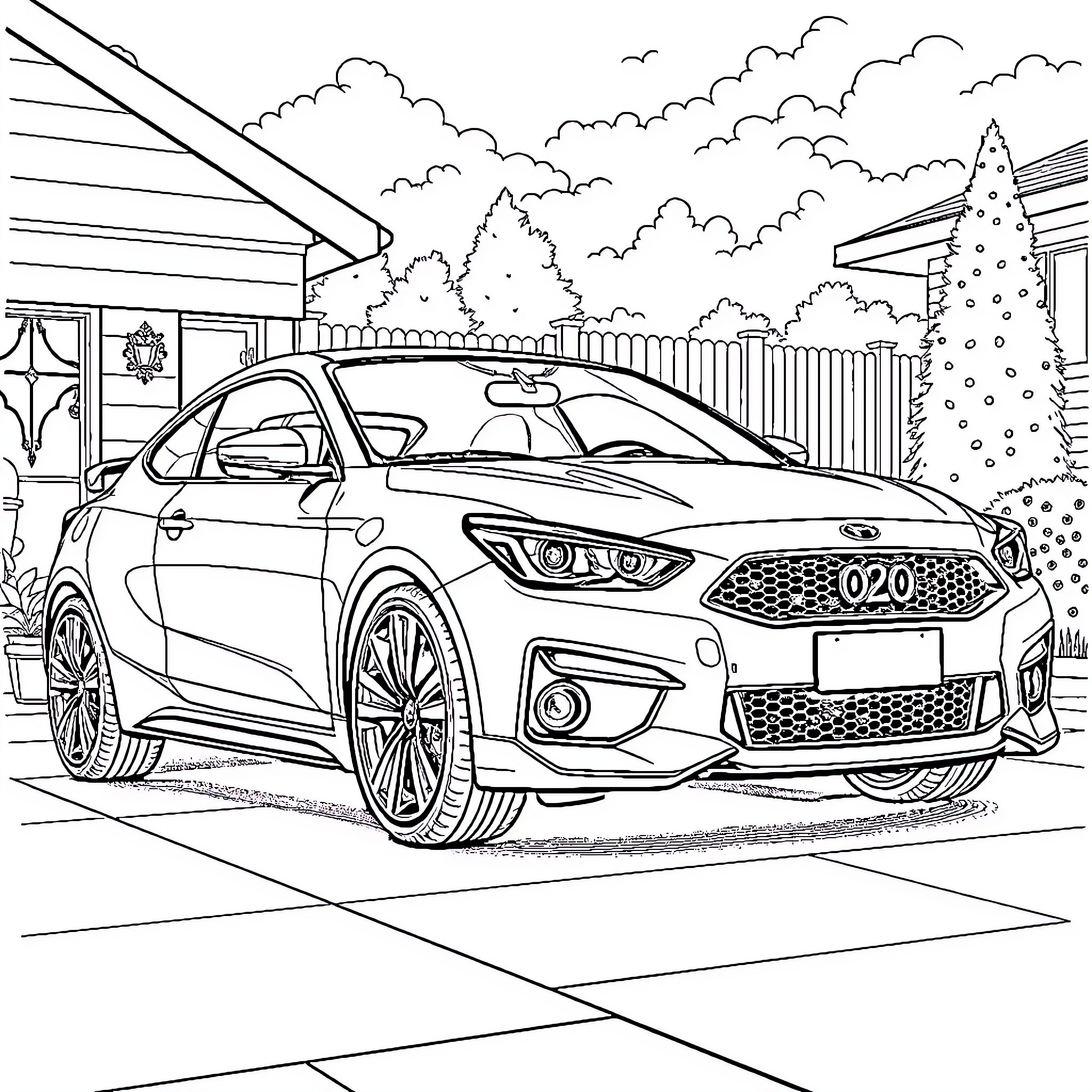 I20 Modern Stylish Sports Car on Driveway Coloring Page (free black-and-white line drawing printable PDF for all, from beginners to advanced learners, including children, teens, adults, and seniors)