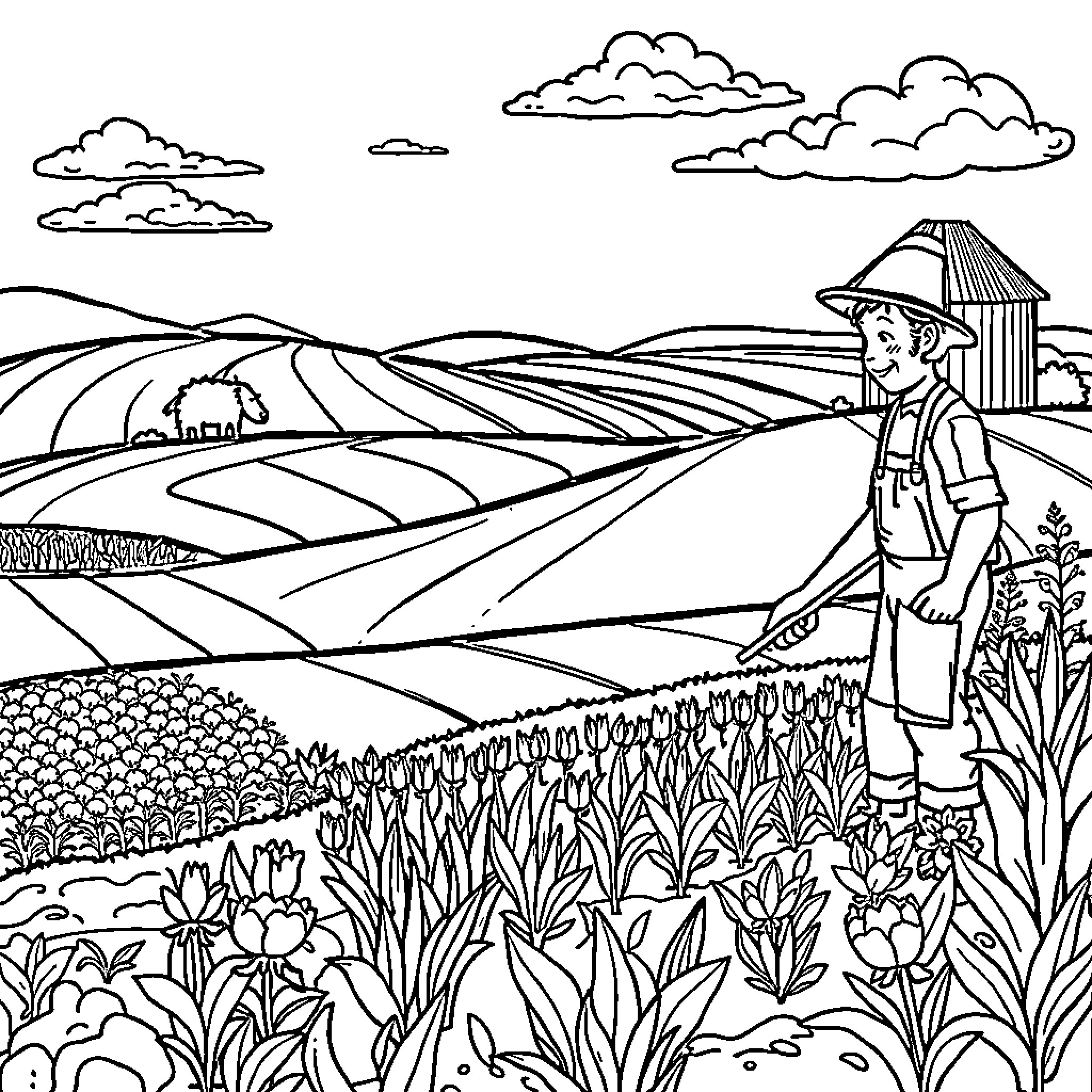 Farm worker in field with blooming flowers Coloring Page (free black-and-white line drawing printable PDF for all, from beginners to advanced learners, including children, teens, adults, and seniors)