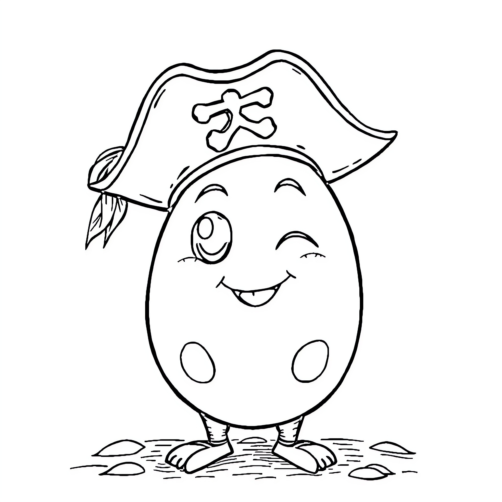 Egg dressed as a pirate Coloring Page (free black-and-white line drawing printable PDF for all, from beginners to advanced learners, including children, teens, adults, and seniors)