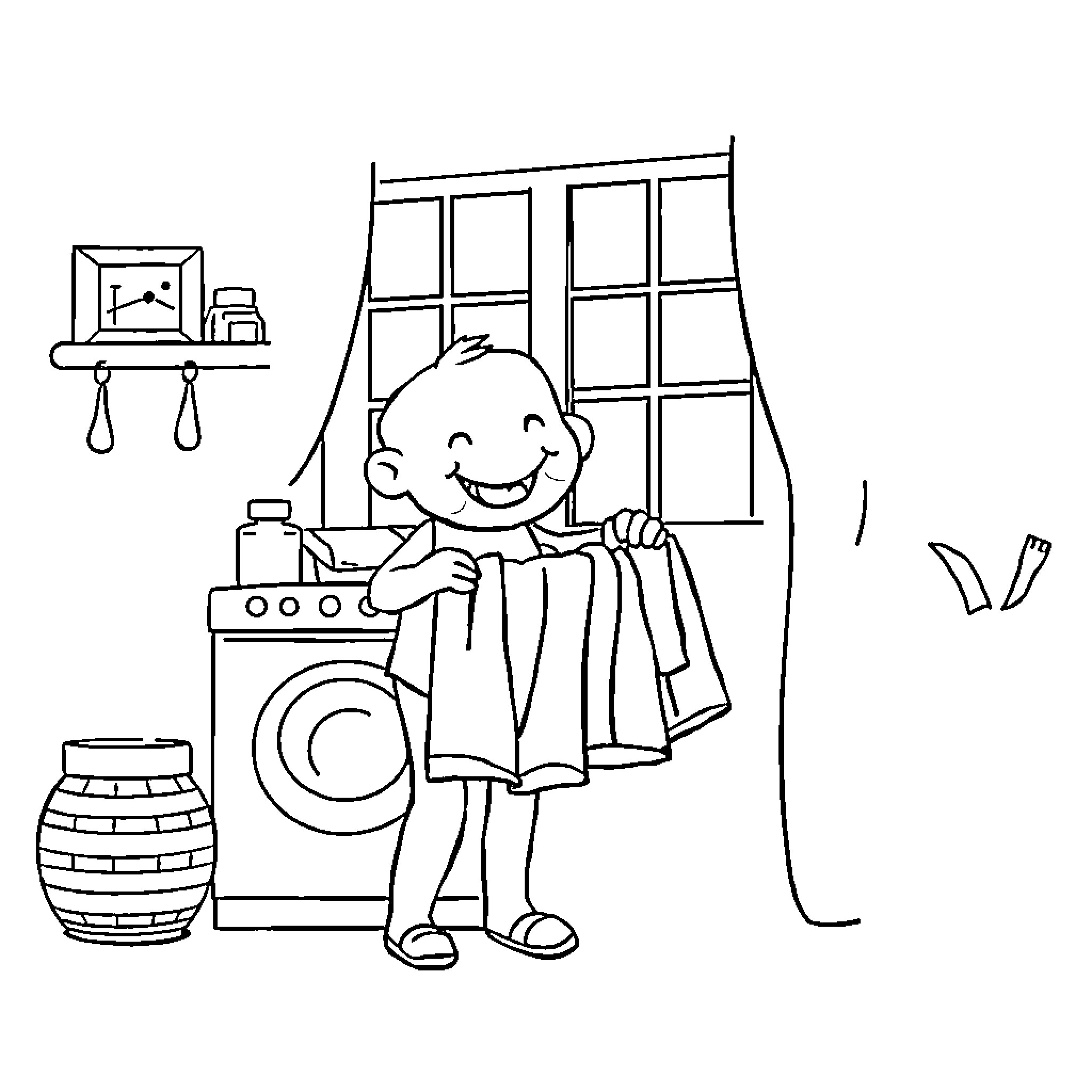 Bluey doing laundry in a cozy home Coloring Page (free black-and-white line drawing printable PDF for all, from beginners to advanced learners, including children, teens, adults, and seniors)