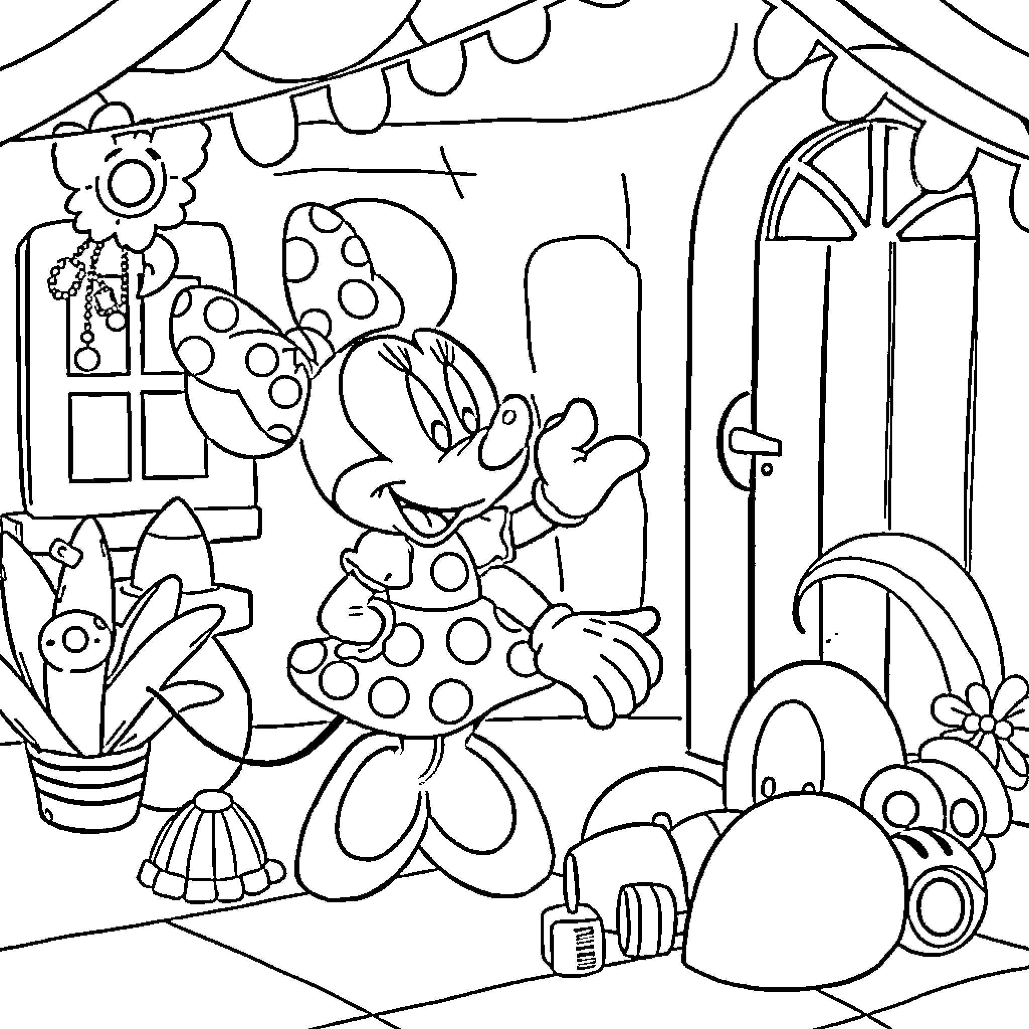 Minnie Mouse in her cozy home Coloring Page (free black-and-white line drawing printable PDF for all, from beginners to advanced learners, including children, teens, adults, and seniors)