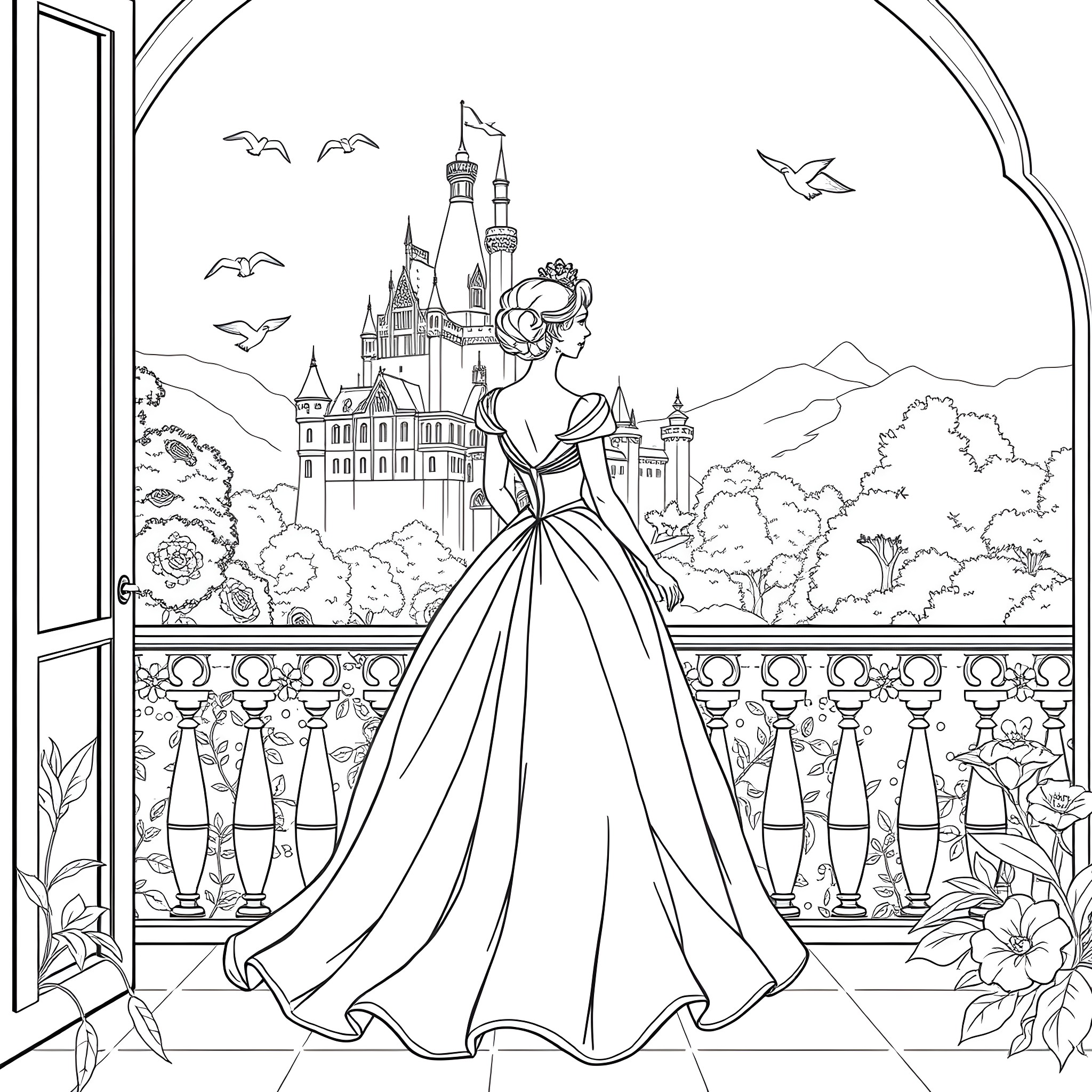 Princess Admiring the Majestic Castle Coloring Page (free black-and-white line drawing printable PDF for all, from beginners to advanced learners, including children, teens, adults, and seniors)
