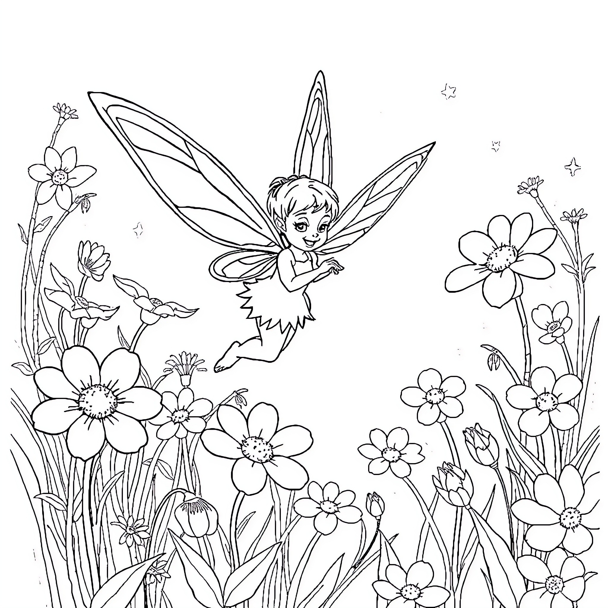 Tinkerbell playing among the flowers Coloring Page (free black-and-white line drawing printable PDF for all, from beginners to advanced learners, including children, teens, adults, and seniors)