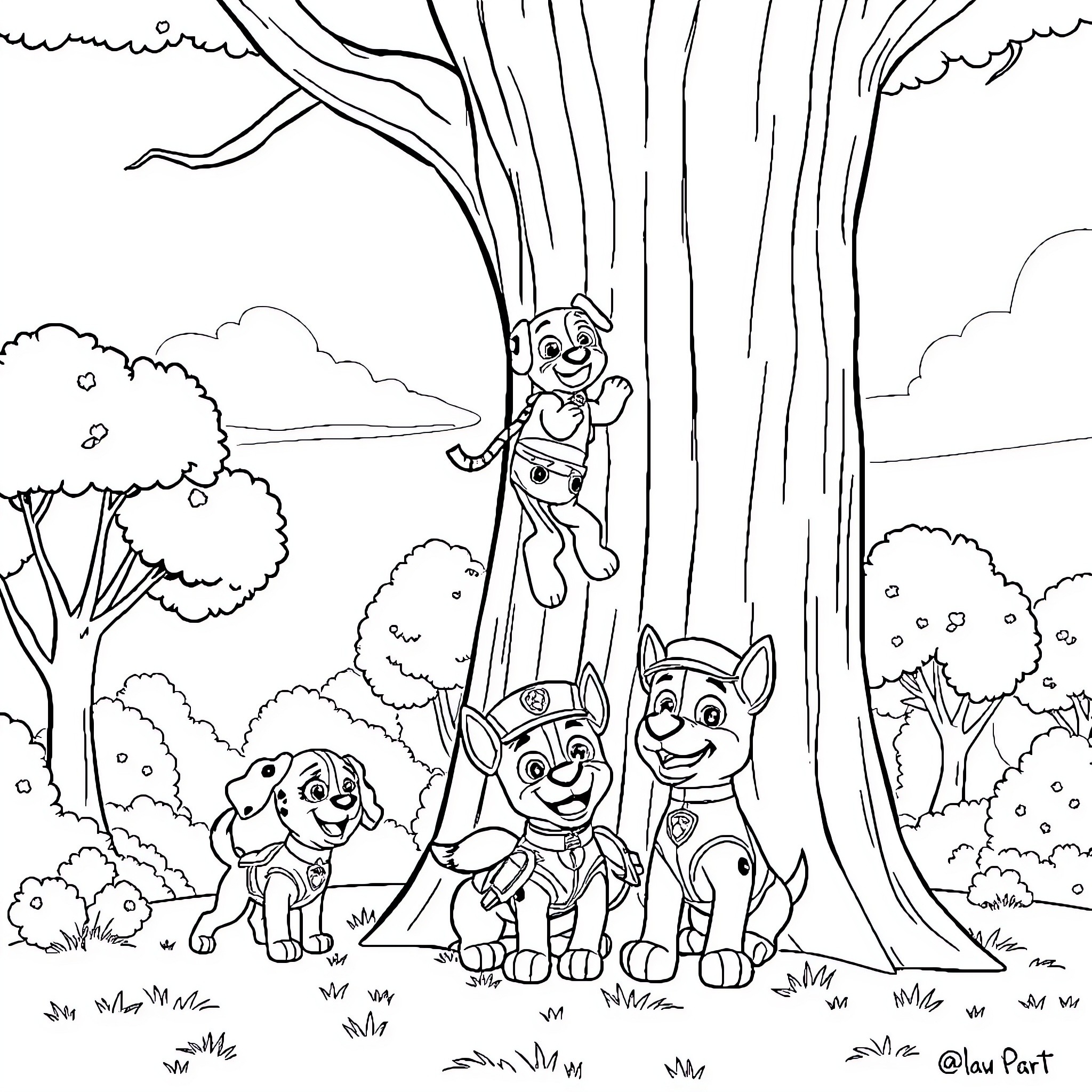 Paw Patrol characters exploring the forest Coloring Page (free black-and-white line drawing printable PDF for all, from beginners to advanced learners, including children, teens, adults, and seniors)
