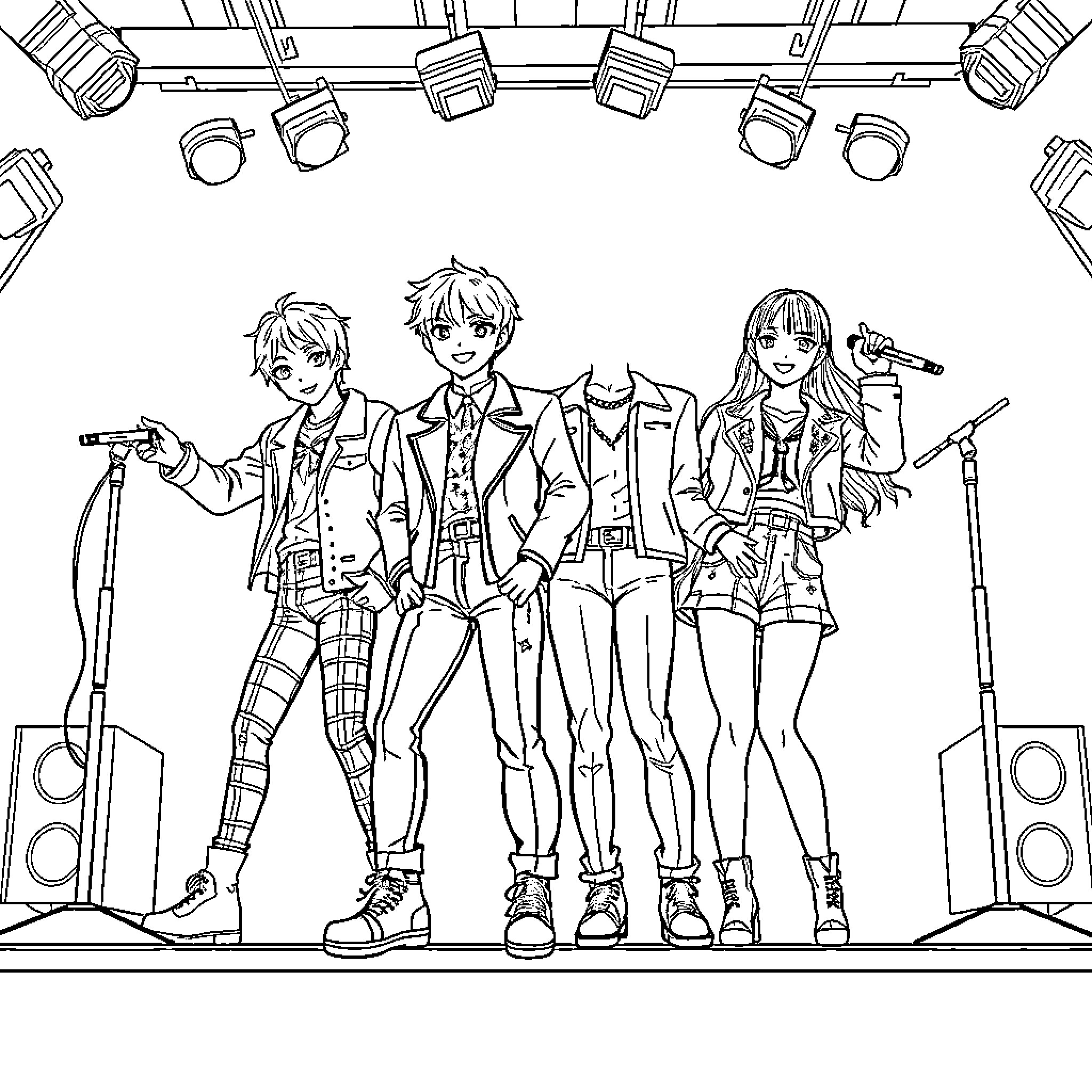Kpop Personas Performing on Stage Coloring Page (free black-and-white line drawing printable PDF for all, from beginners to advanced learners, including children, teens, adults, and seniors)