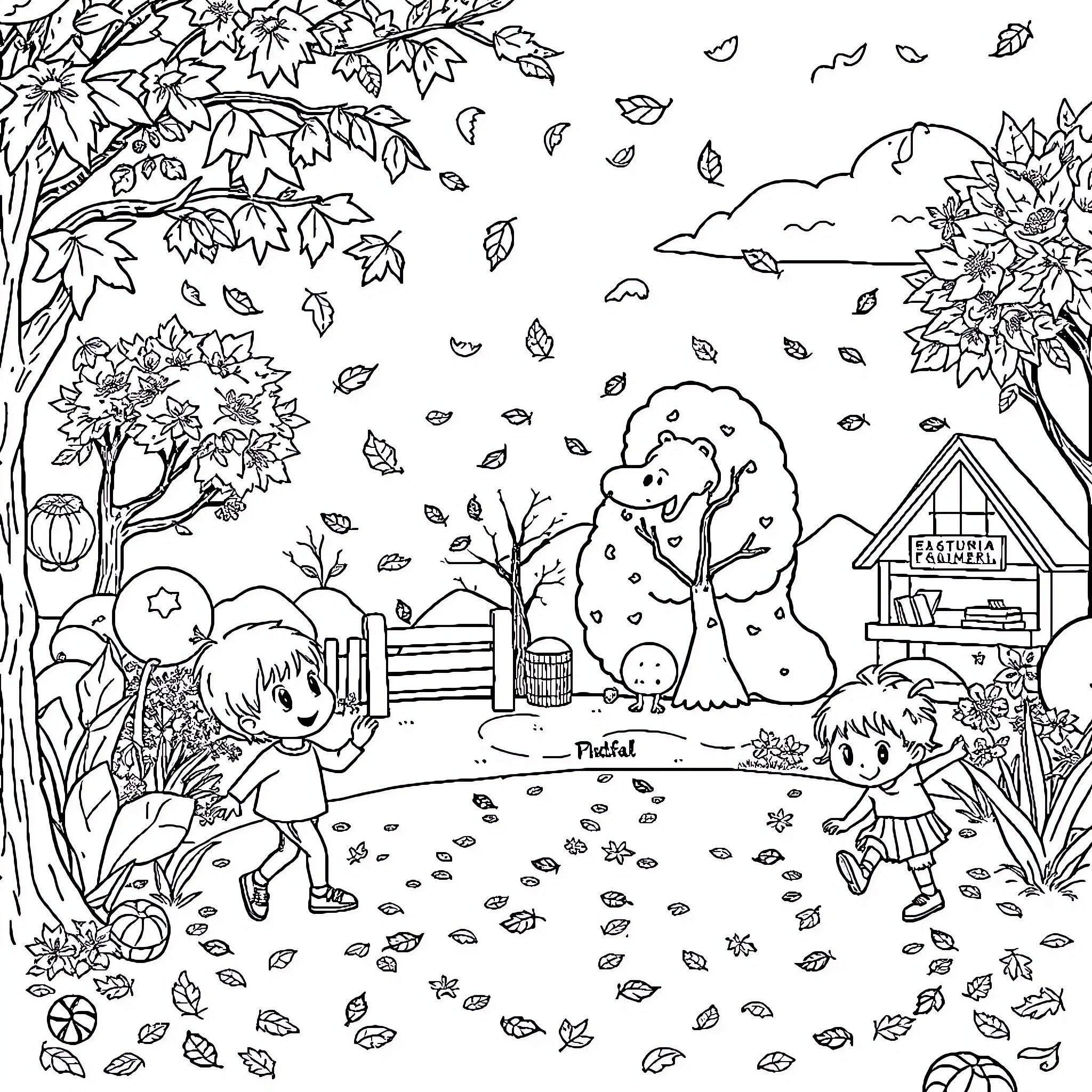 Autumn Fun in the Countryside Coloring Page (free black-and-white line drawing printable PDF for all, from beginners to advanced learners, including children, teens, adults, and seniors)