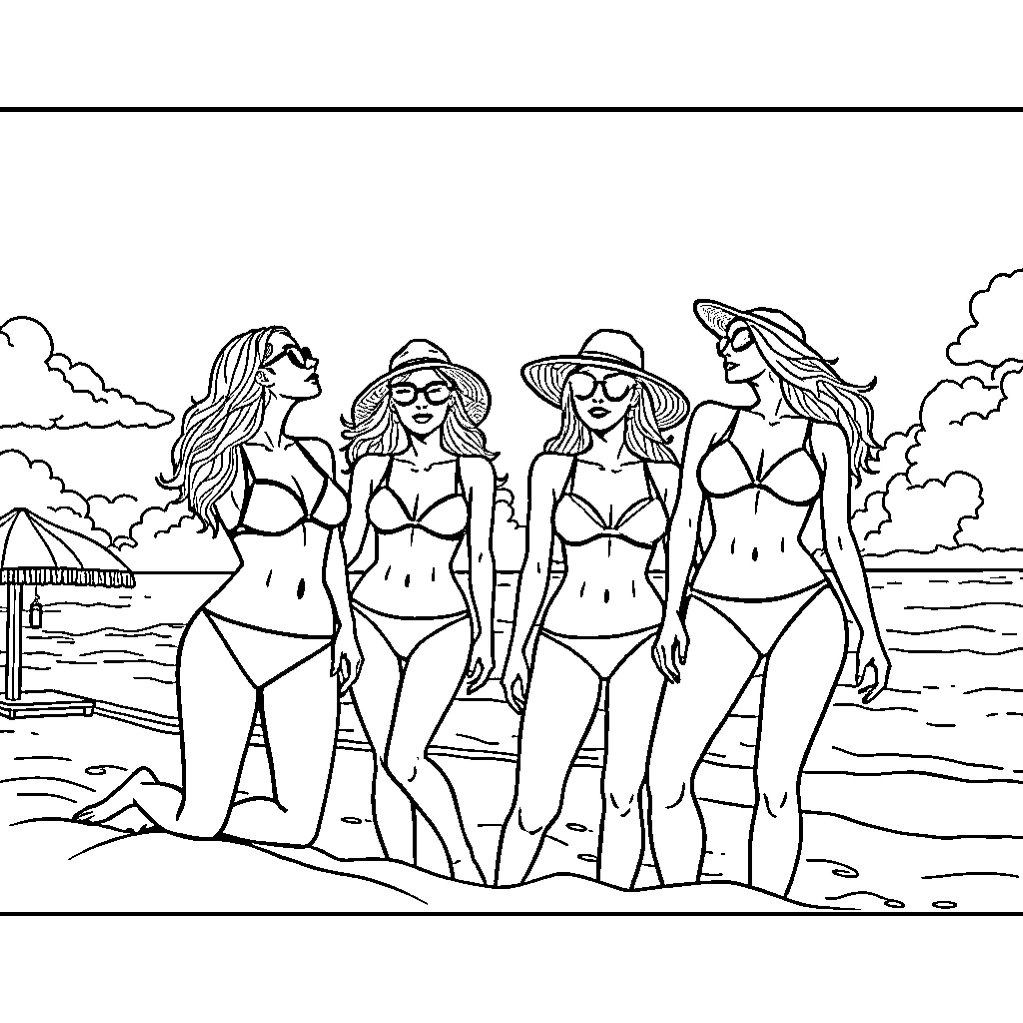 Bikini-clad friends enjoying the beach Coloring Page (free black-and-white line drawing printable PDF for all, from beginners to advanced learners, including children, teens, adults, and seniors)