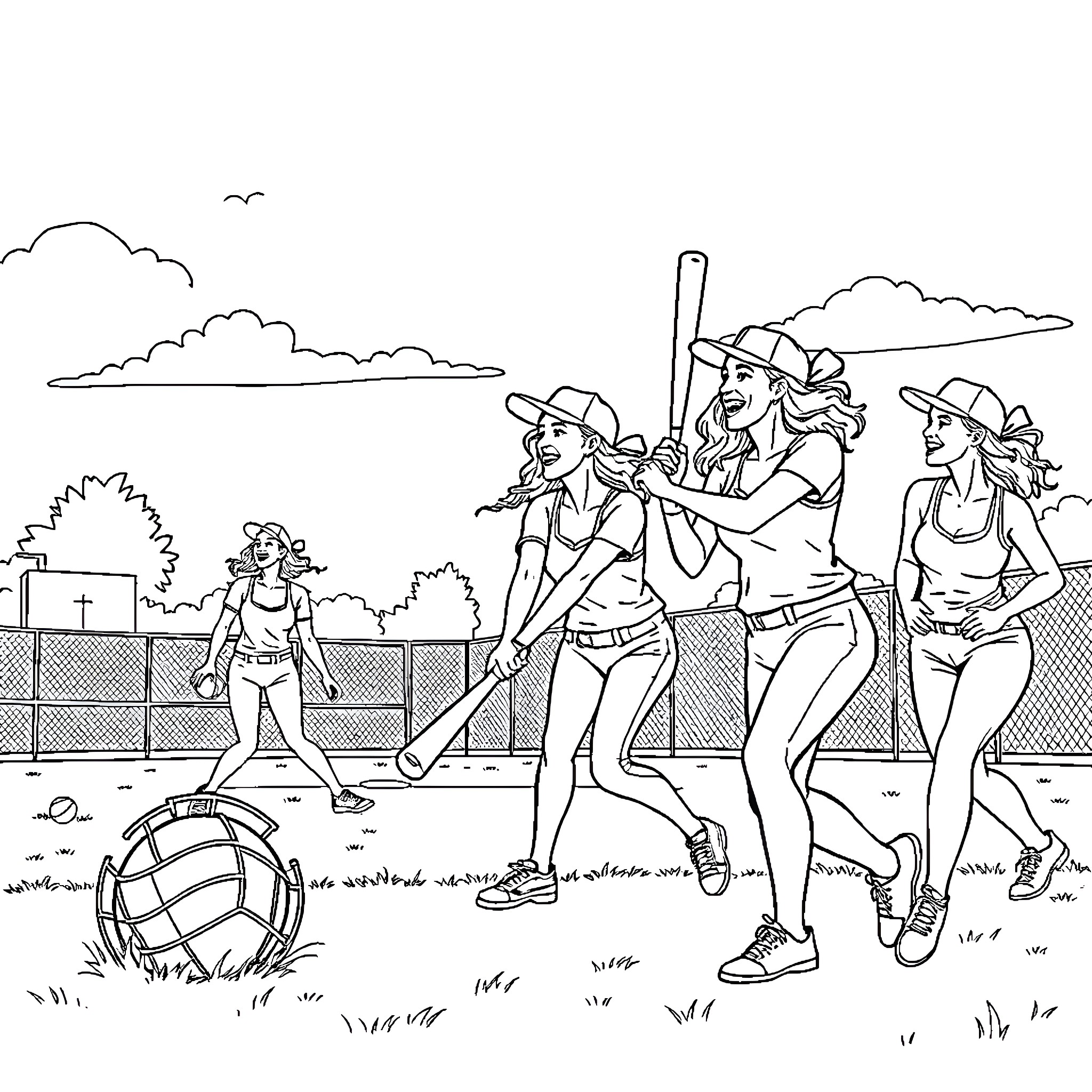 Woman playing softball with teammates on a field Coloring Page (free black-and-white line drawing printable PDF for all, from beginners to advanced learners, including children, teens, adults, and seniors)