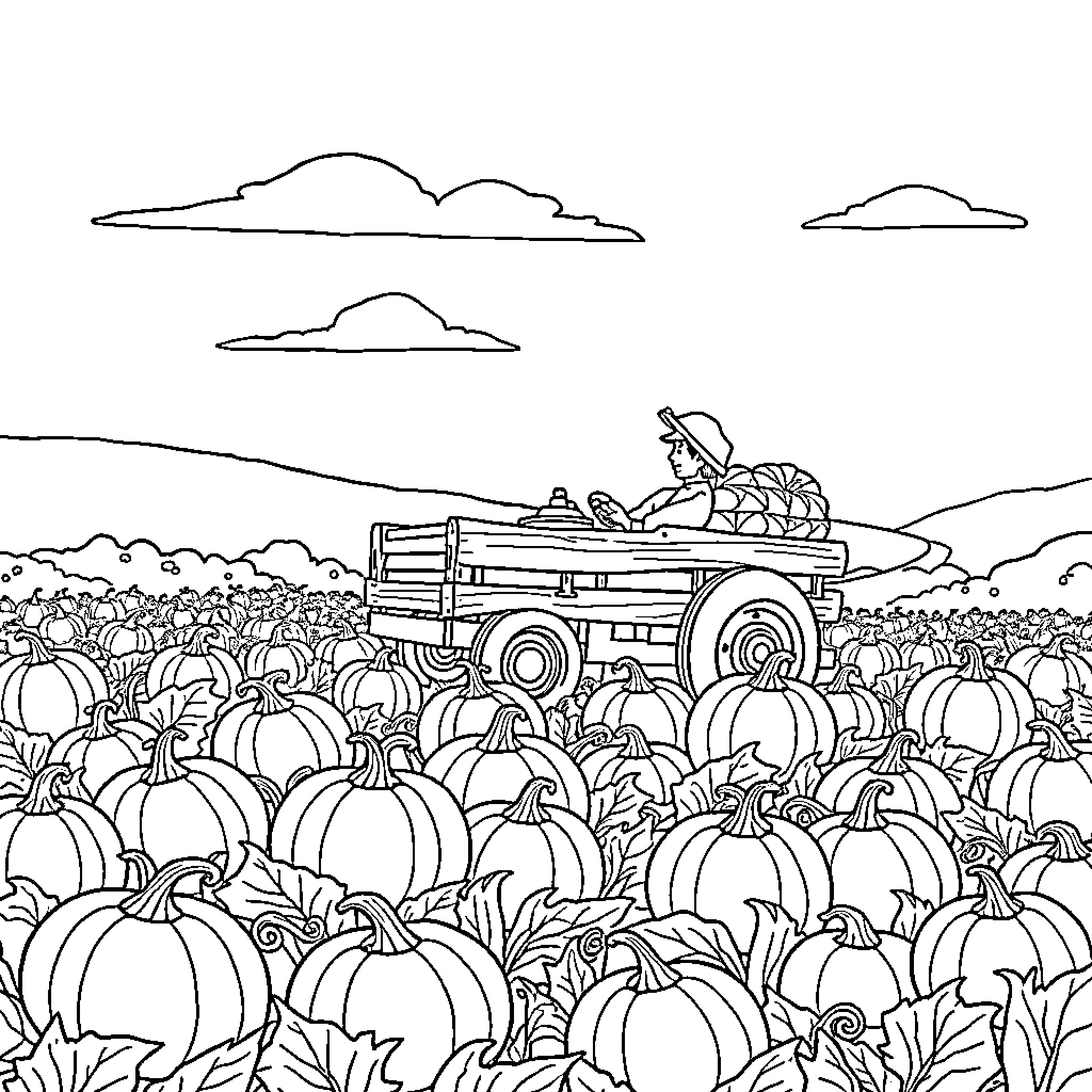 Pumpkin Harvest: Tractor Hauling Pumpkins in Field Coloring Page (free black-and-white line drawing printable PDF for all, from beginners to advanced learners, including children, teens, adults, and seniors)