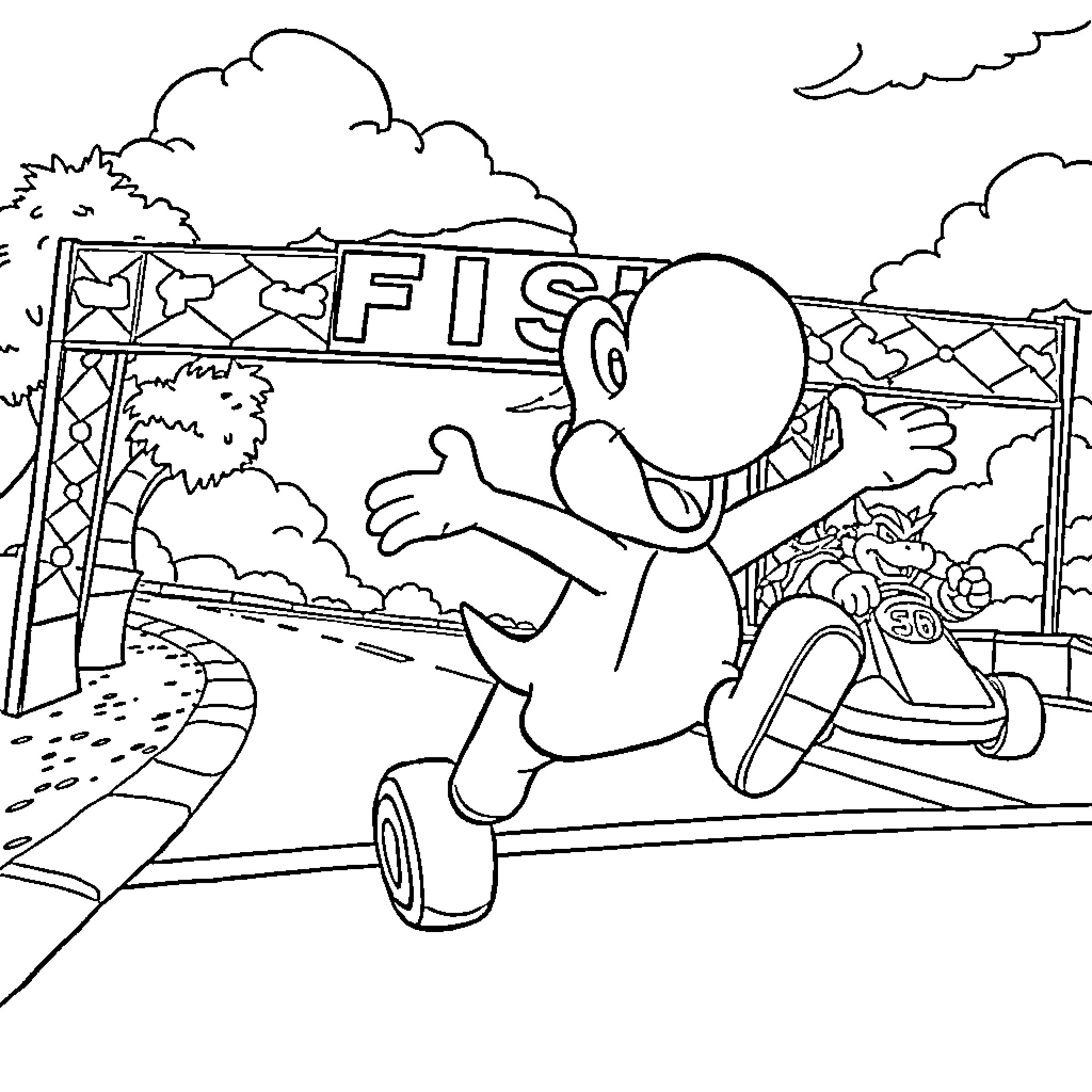 Yoshi enjoying a day at the carnival Coloring Page (free black-and-white line drawing printable PDF for all, from beginners to advanced learners, including children, teens, adults, and seniors)
