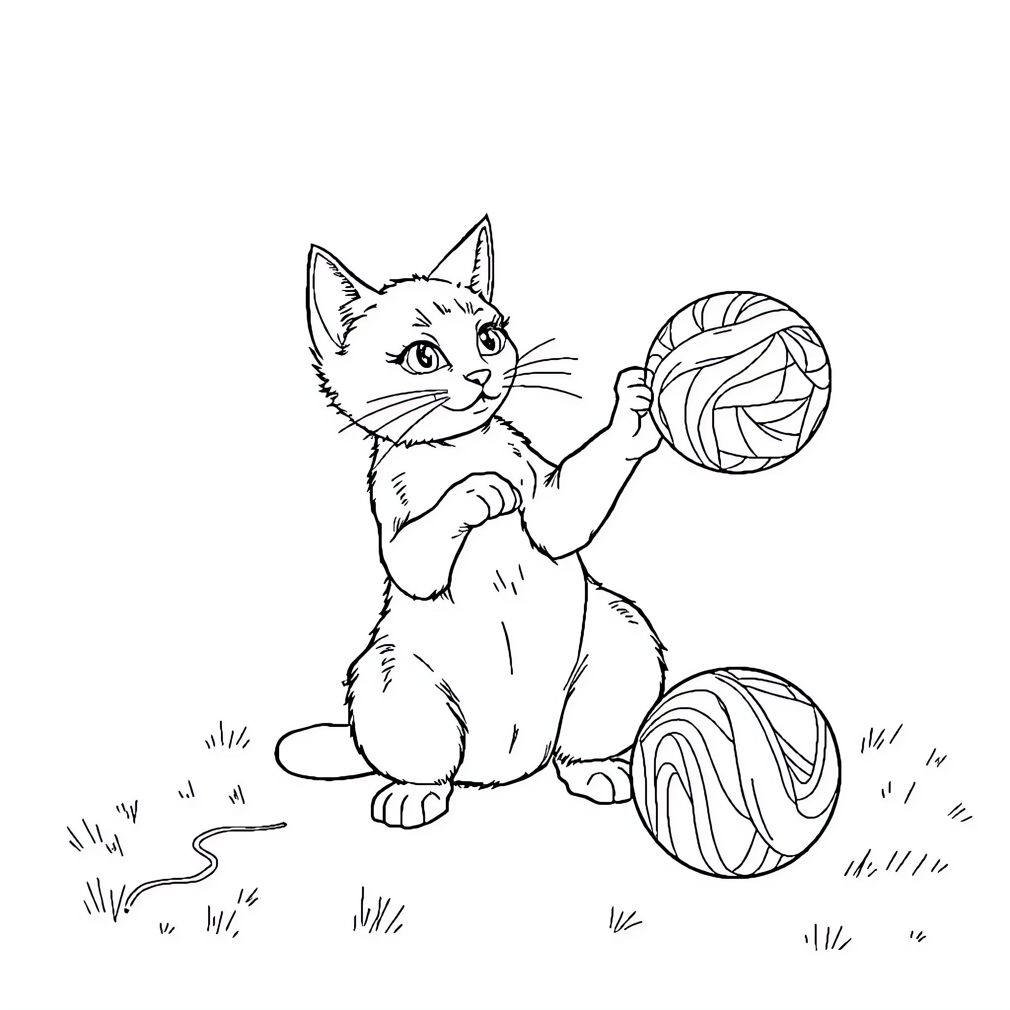 Kitten Playing with Yarn Balls Coloring Page (free black-and-white line drawing printable PDF for all, from beginners to advanced learners, including children, teens, adults, and seniors)