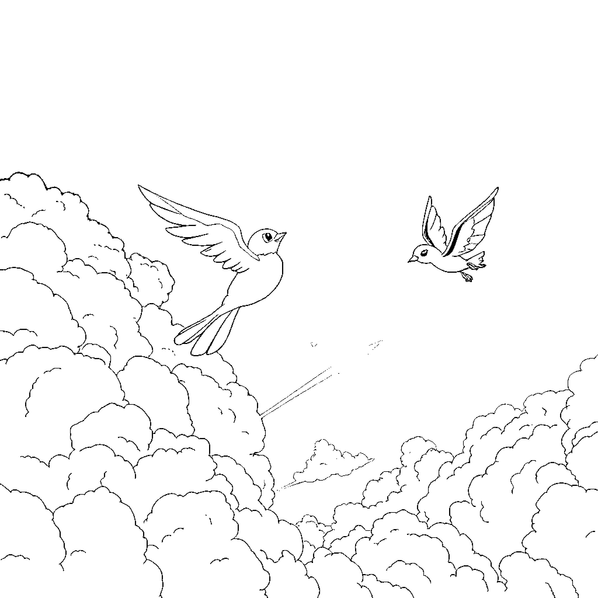 Pidgey birds soaring through the cloudy sky Coloring Page (free black-and-white line drawing printable PDF for all, from beginners to advanced learners, including children, teens, adults, and seniors)
