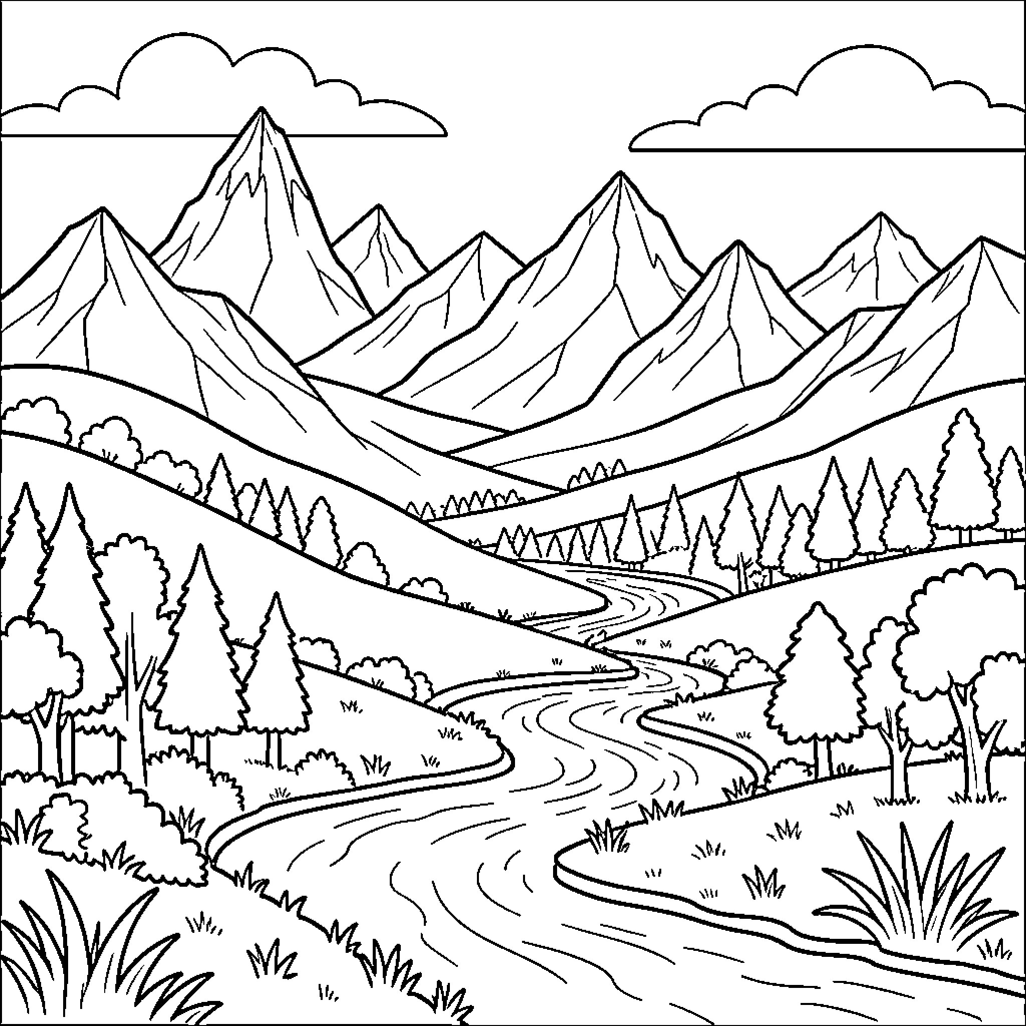 Landscape with mountains and a winding river Coloring Page (free black-and-white line drawing printable PDF for all, from beginners to advanced learners, including children, teens, adults, and seniors)