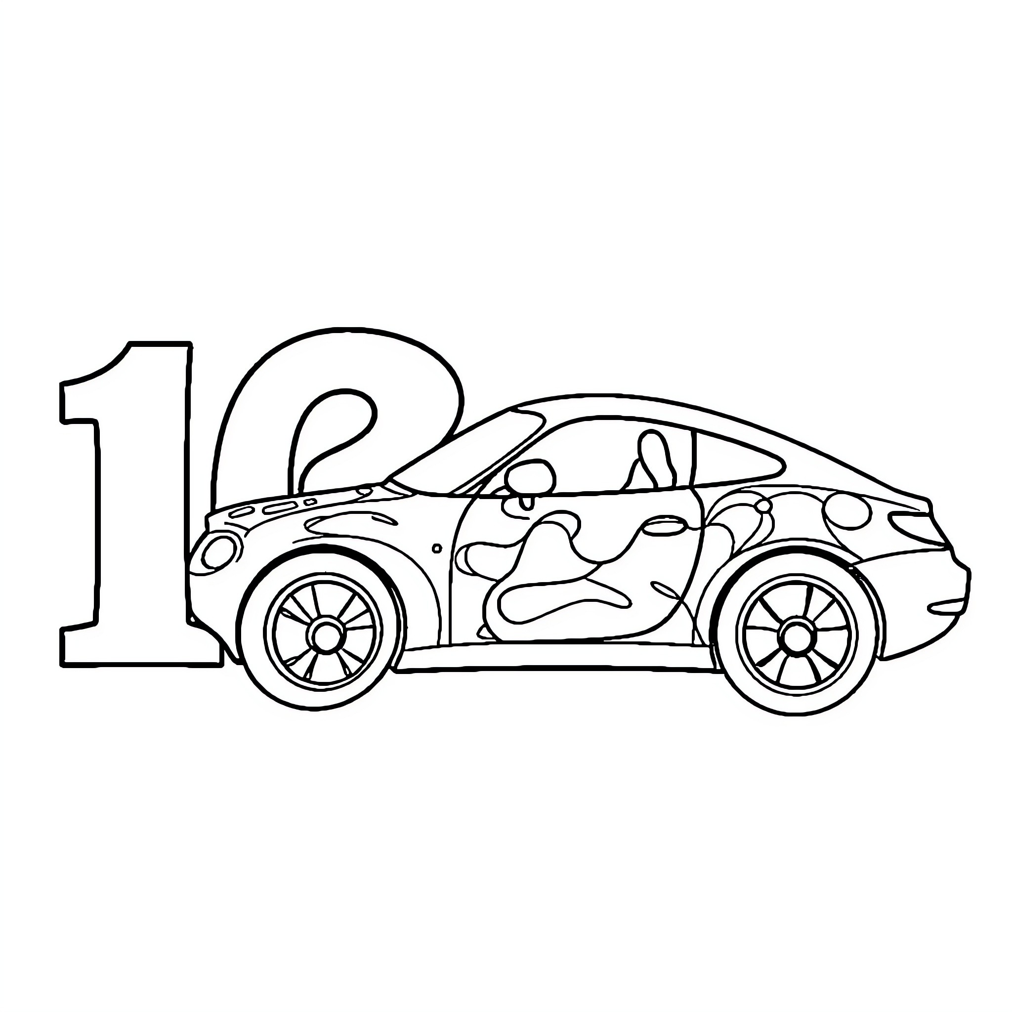 Number 10 Race Car with Dot Pattern Coloring Page (free black-and-white line drawing printable PDF for all, from beginners to advanced learners, including children, teens, adults, and seniors)