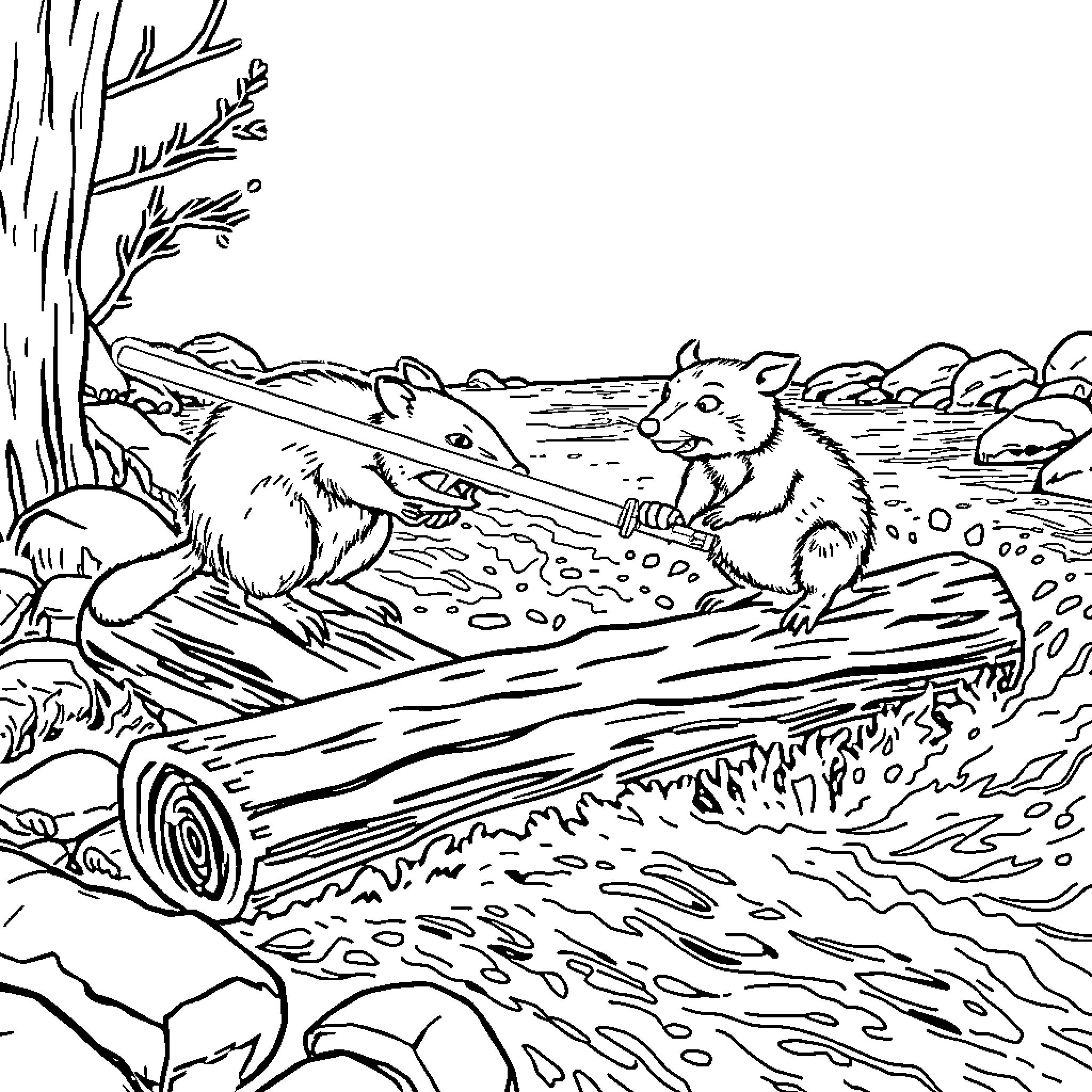 Platypus playing in the forest stream Coloring Page (free black-and-white line drawing printable PDF for all, from beginners to advanced learners, including children, teens, adults, and seniors)