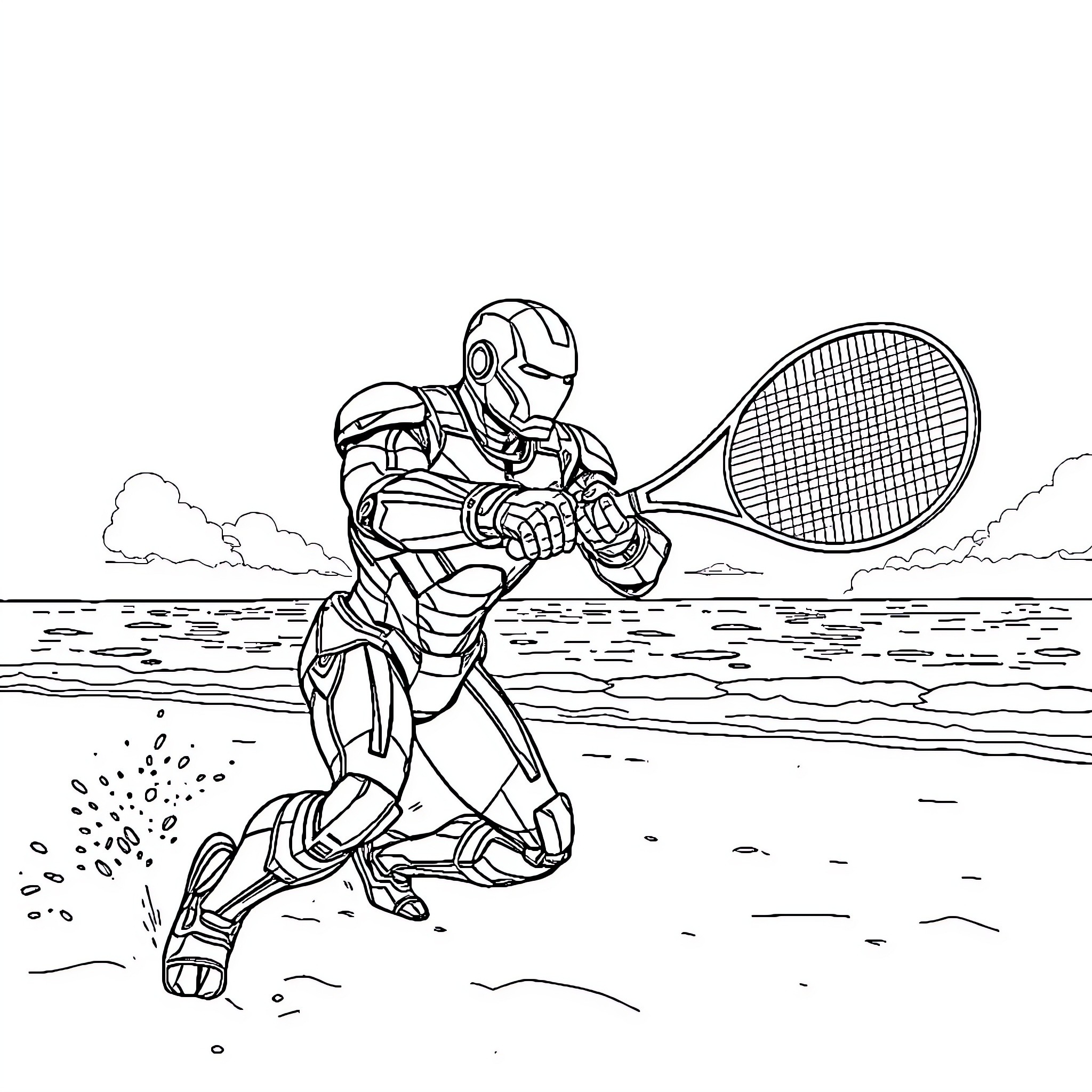 Iron Man Playing Tennis by the Beach Coloring Page (free black-and-white line drawing printable PDF for all, from beginners to advanced learners, including children, teens, adults, and seniors)