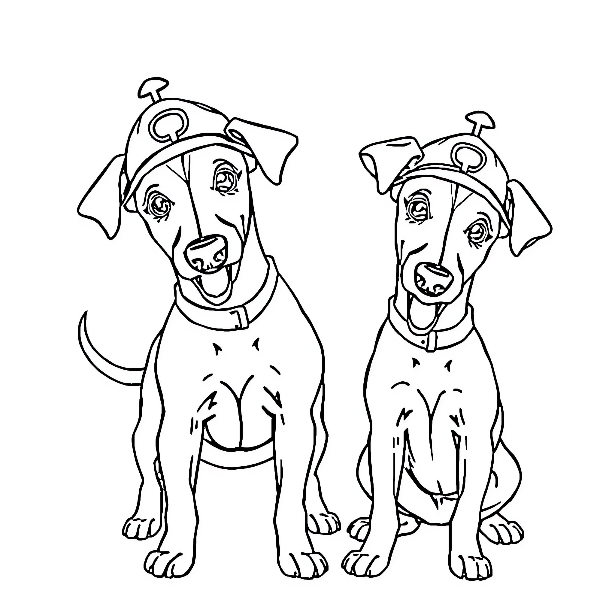 Whippet Pups Posing Playfully Coloring Page (free black-and-white line drawing printable PDF for all, from beginners to advanced learners, including children, teens, adults, and seniors)