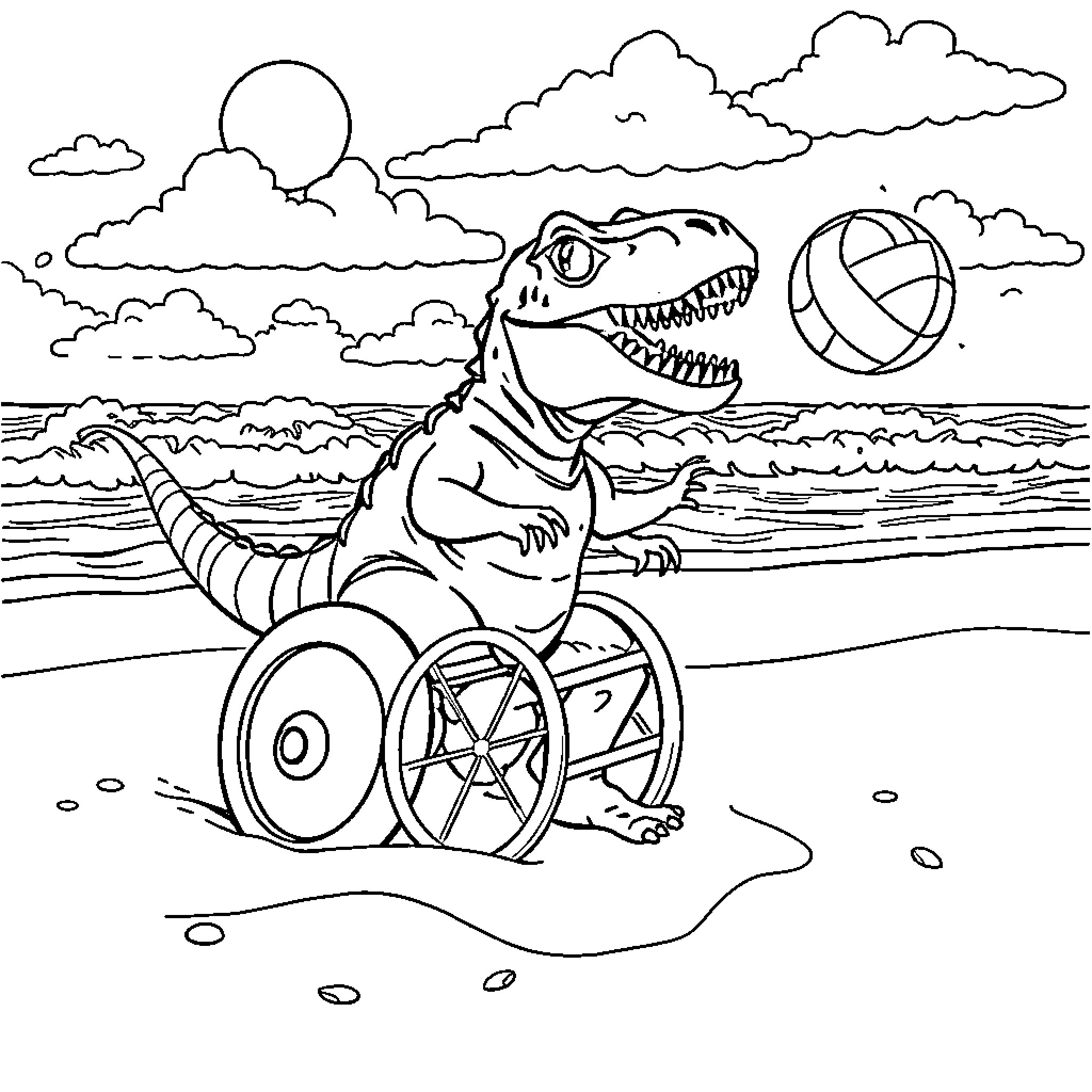 T-Rex playing volleyball on the beach Coloring Page (free black-and-white line drawing printable PDF for all, from beginners to advanced learners, including children, teens, adults, and seniors)