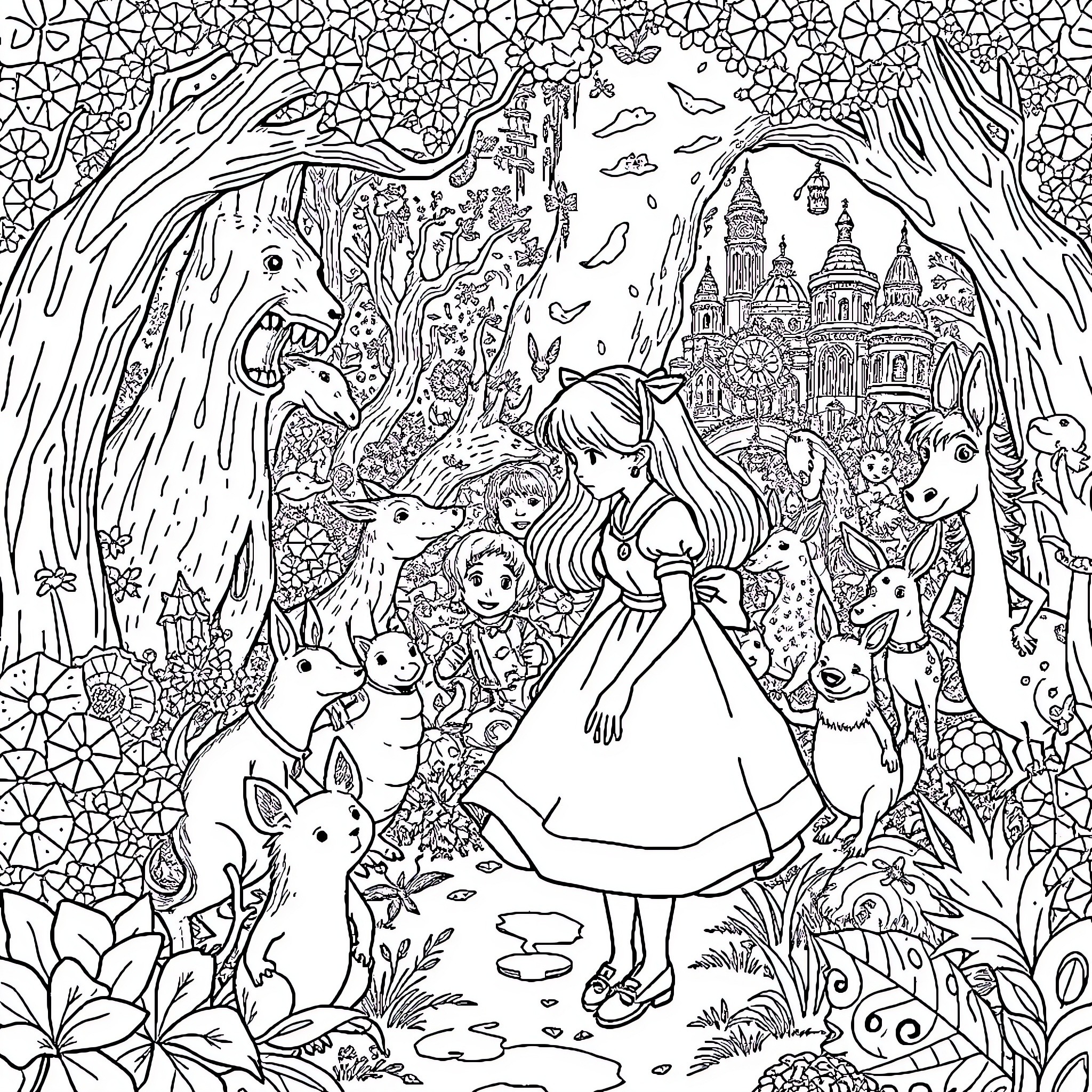 Alice's Enchanted Adventure in a Whimsical Wonderland Coloring Page (free black-and-white line drawing printable PDF for all, from beginners to advanced learners, including children, teens, adults, and seniors)