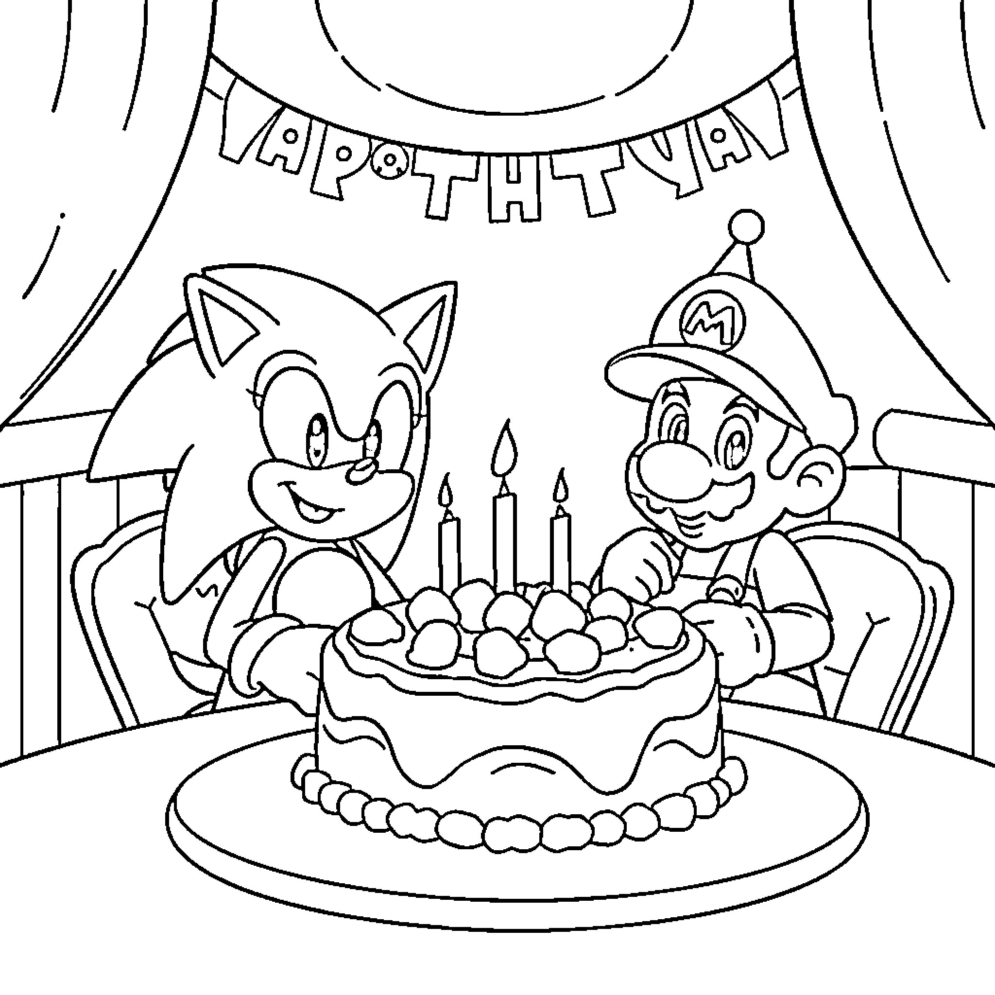 Sonic and Mario Celebrate Birthday Party Coloring Page (free black-and-white line drawing printable PDF for all, from beginners to advanced learners, including children, teens, adults, and seniors)