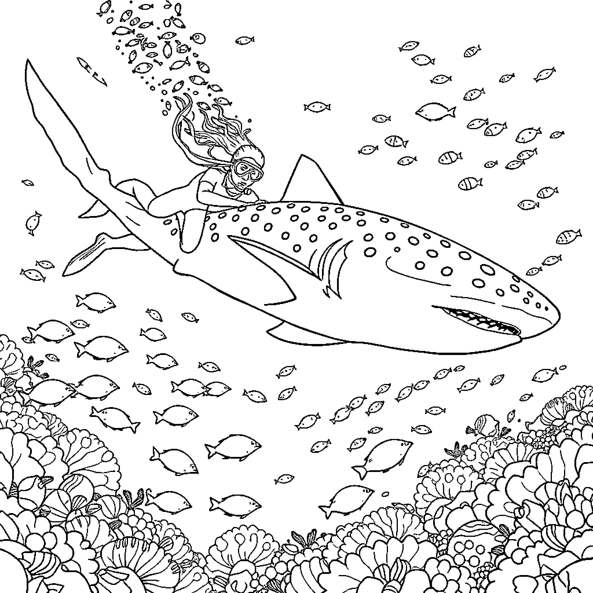 Scuba Diver Explores Underwater Coral Reef Scene Coloring Page (free black-and-white line drawing printable PDF for all, from beginners to advanced learners, including children, teens, adults, and seniors)