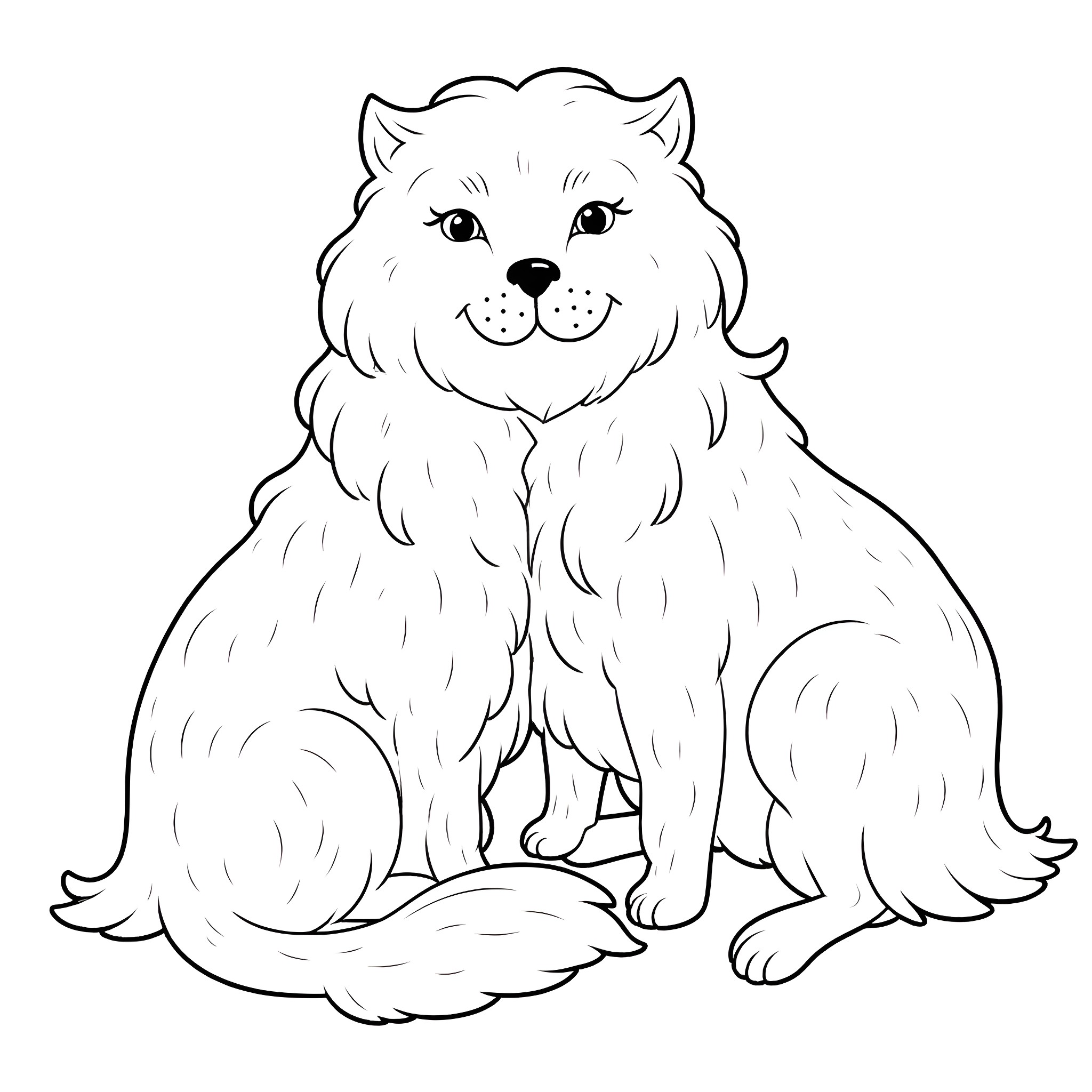 Word Fluffy Dog Sitting Patiently Coloring Page (free black-and-white line drawing printable PDF for all, from beginners to advanced learners, including children, teens, adults, and seniors)