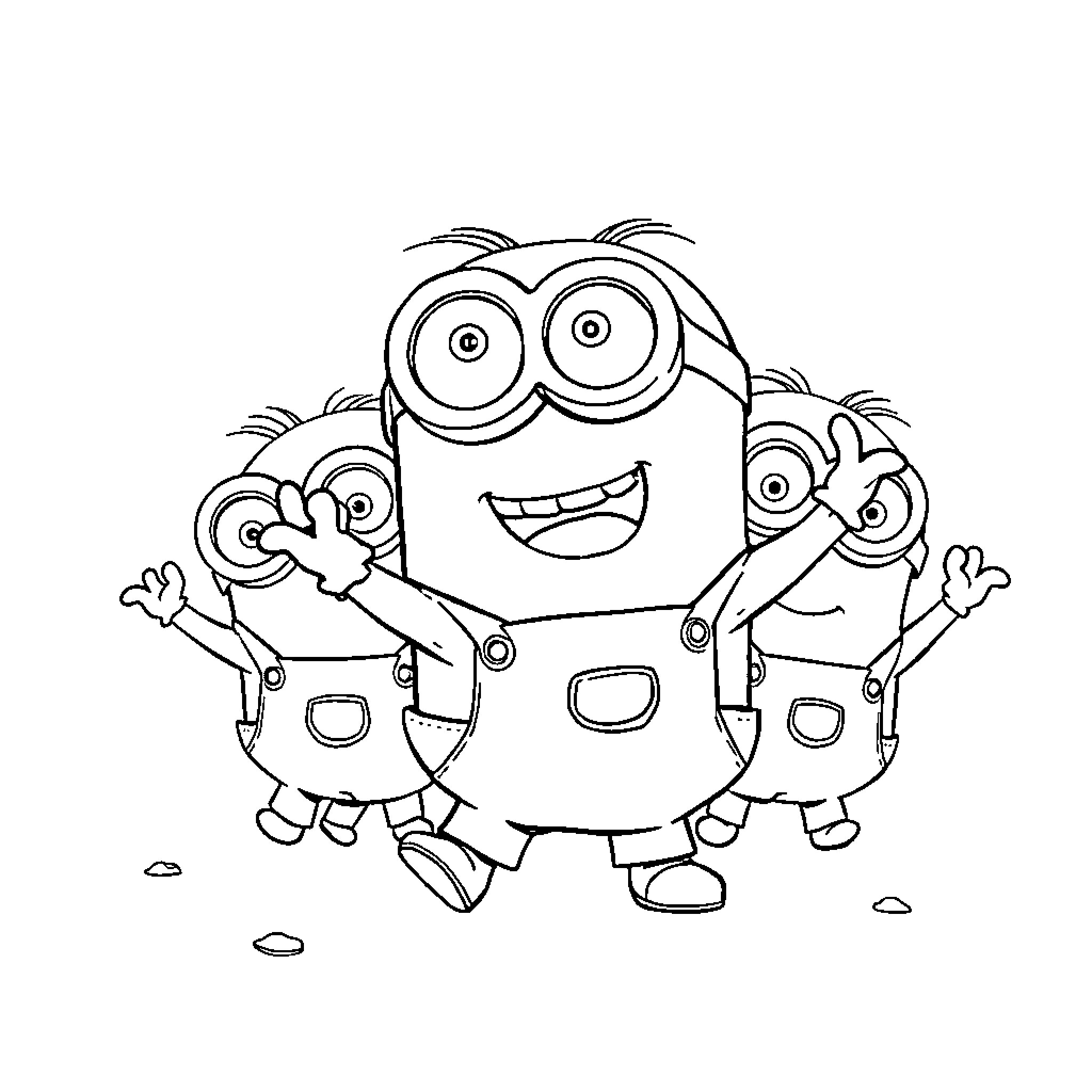 Minions cheering and waving happily Coloring Page (free black-and-white line drawing printable PDF for all, from beginners to advanced learners, including children, teens, adults, and seniors)